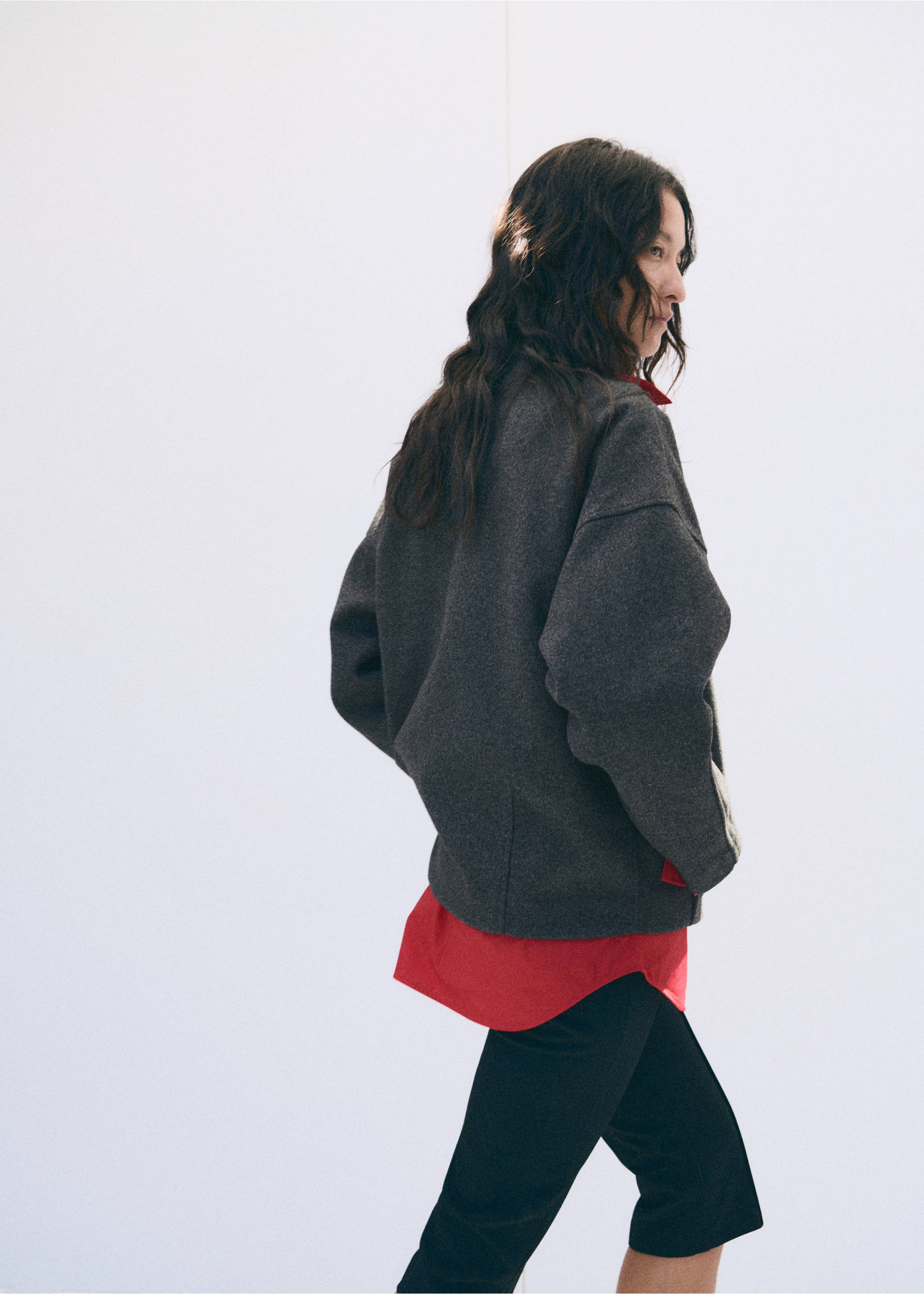 Dark grey jacket shown from the back, worn over a red shirt., Grey. Ref: 37077791-00.