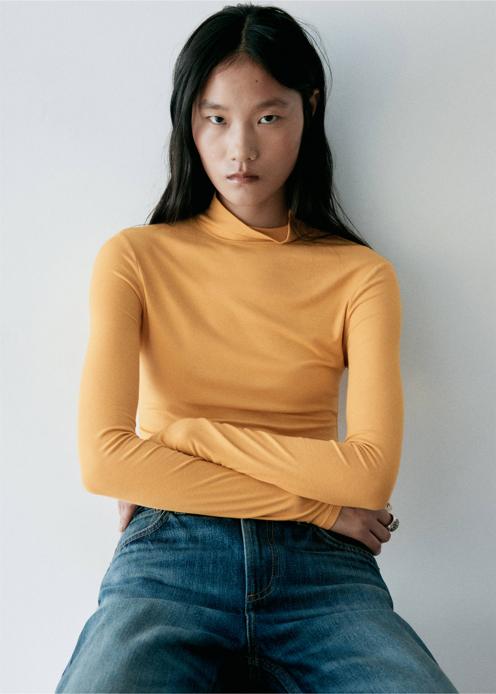 Ribbed high neck t-shirt - Medium plane, Mustard. Ref: 37077792-00.