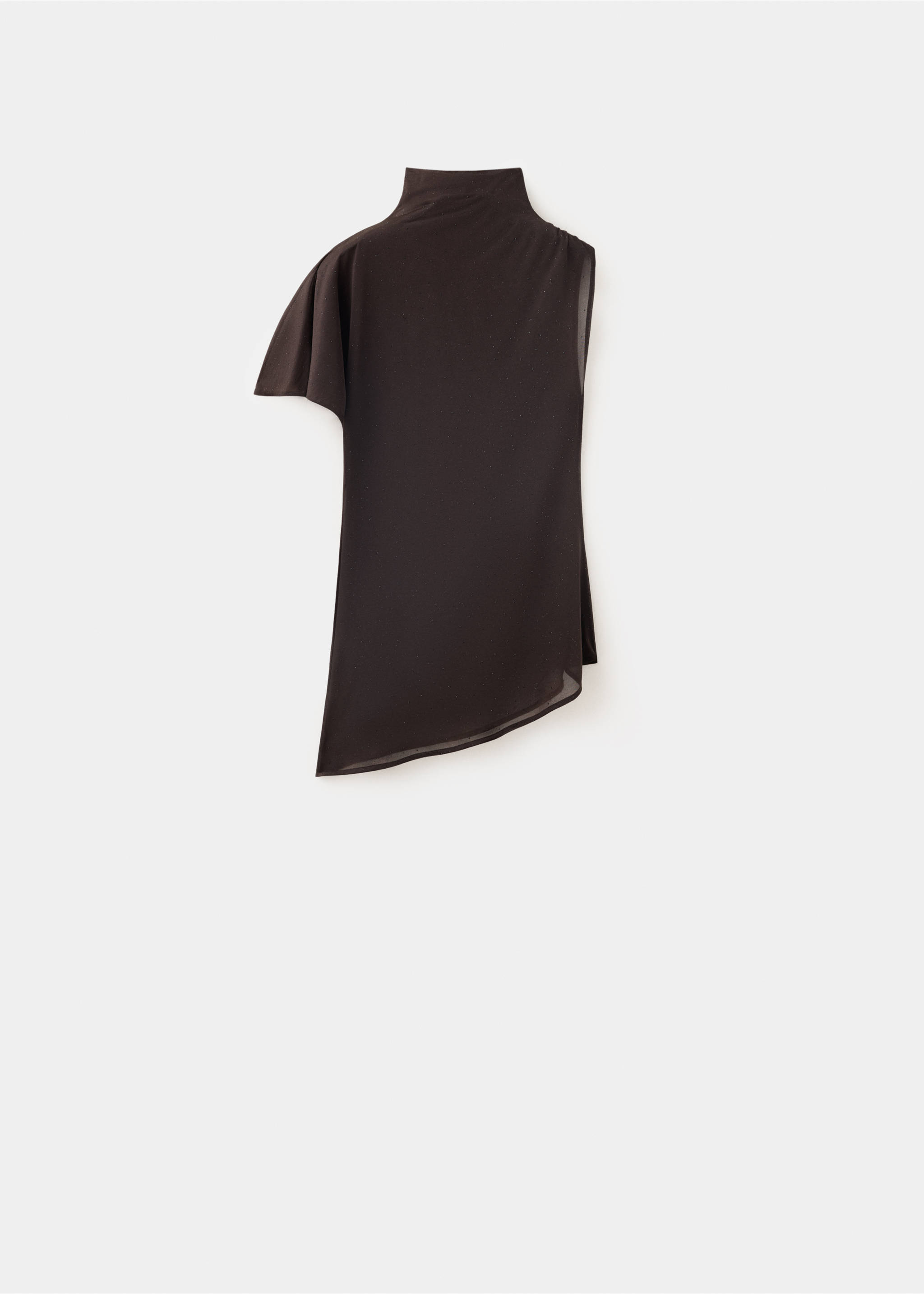 Dark brown asymmetrical top with a high neck and draped hem., Chocolate. Ref: 37077793-00.