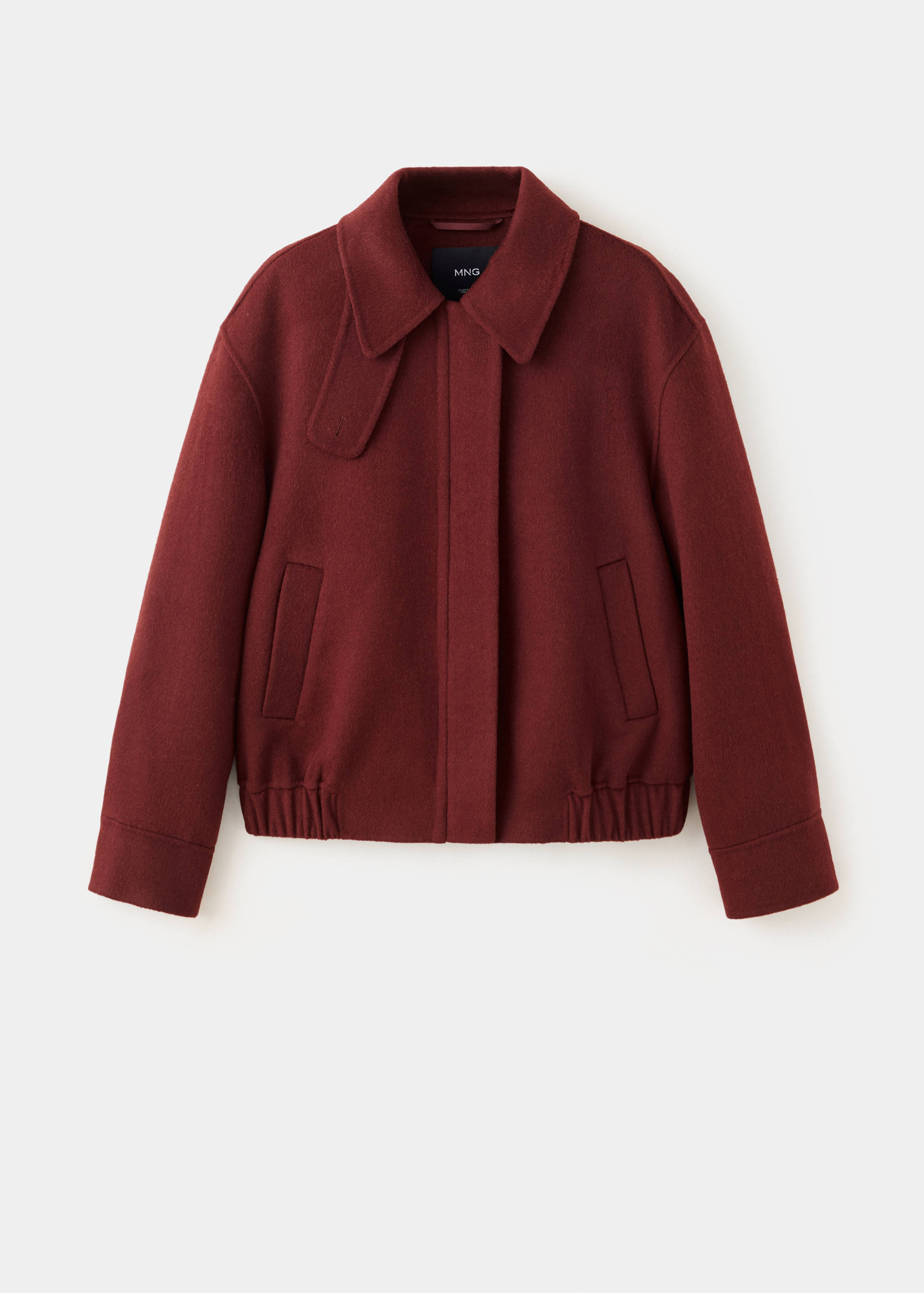 Burgundy jacket with a classic collar, throat latch, and elasticated hem.