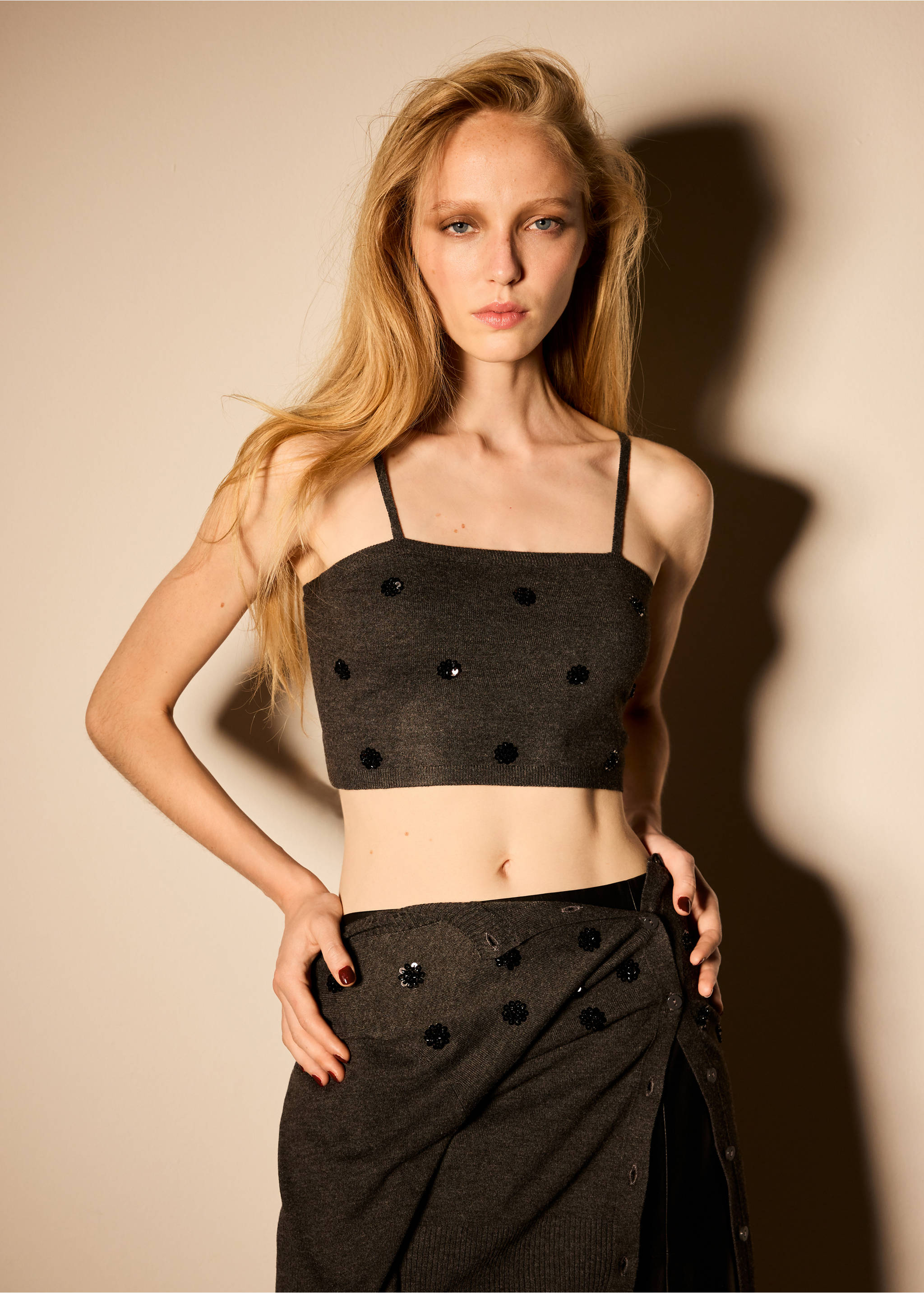 Dark grey cropped camisole top with thin straps and scattered black sequins., Charcoal. Ref: 37077796-00.
