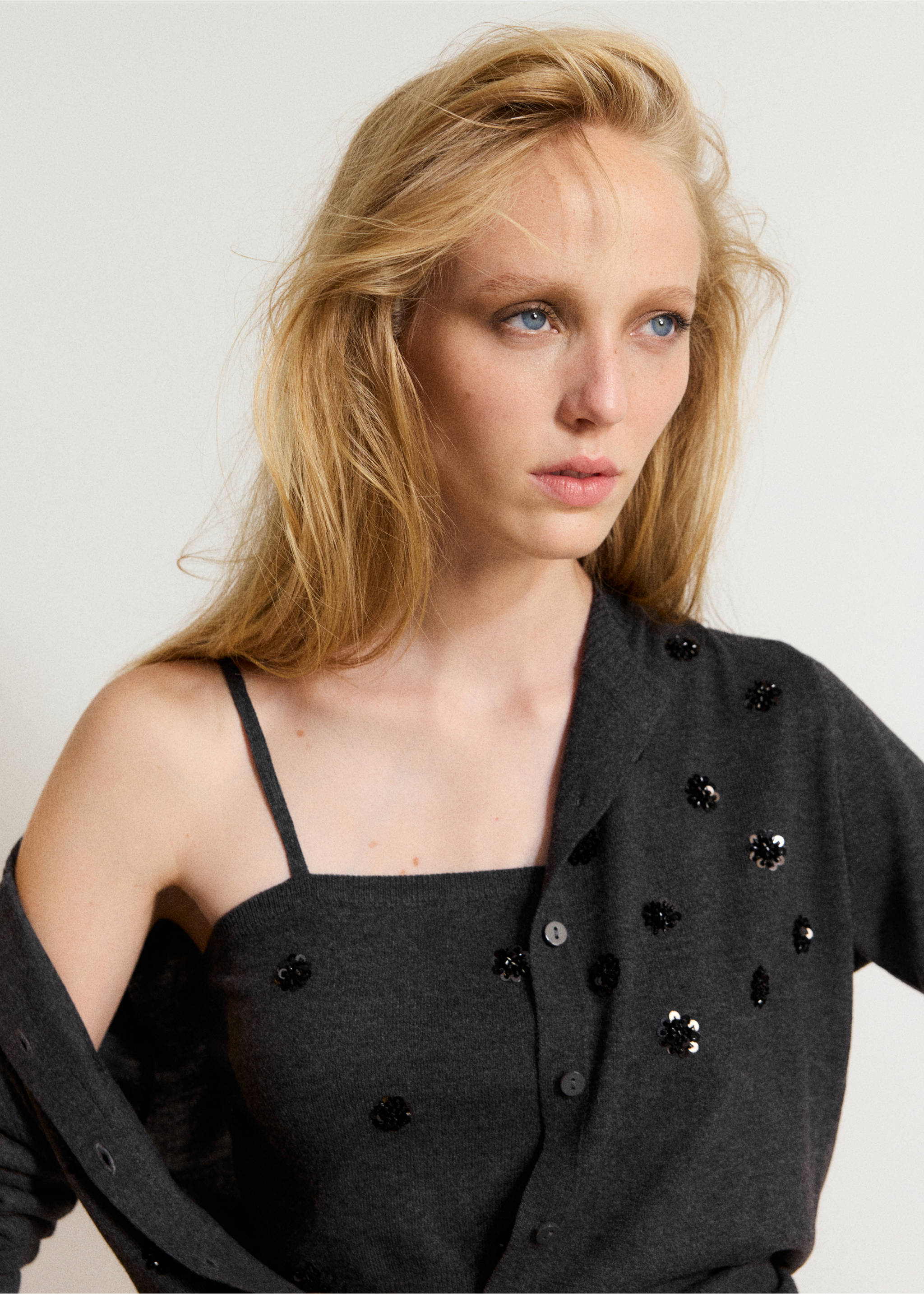 Dark grey knitted top with sequin appliqués and matching cardigan., Charcoal. Ref: 37077796-00.