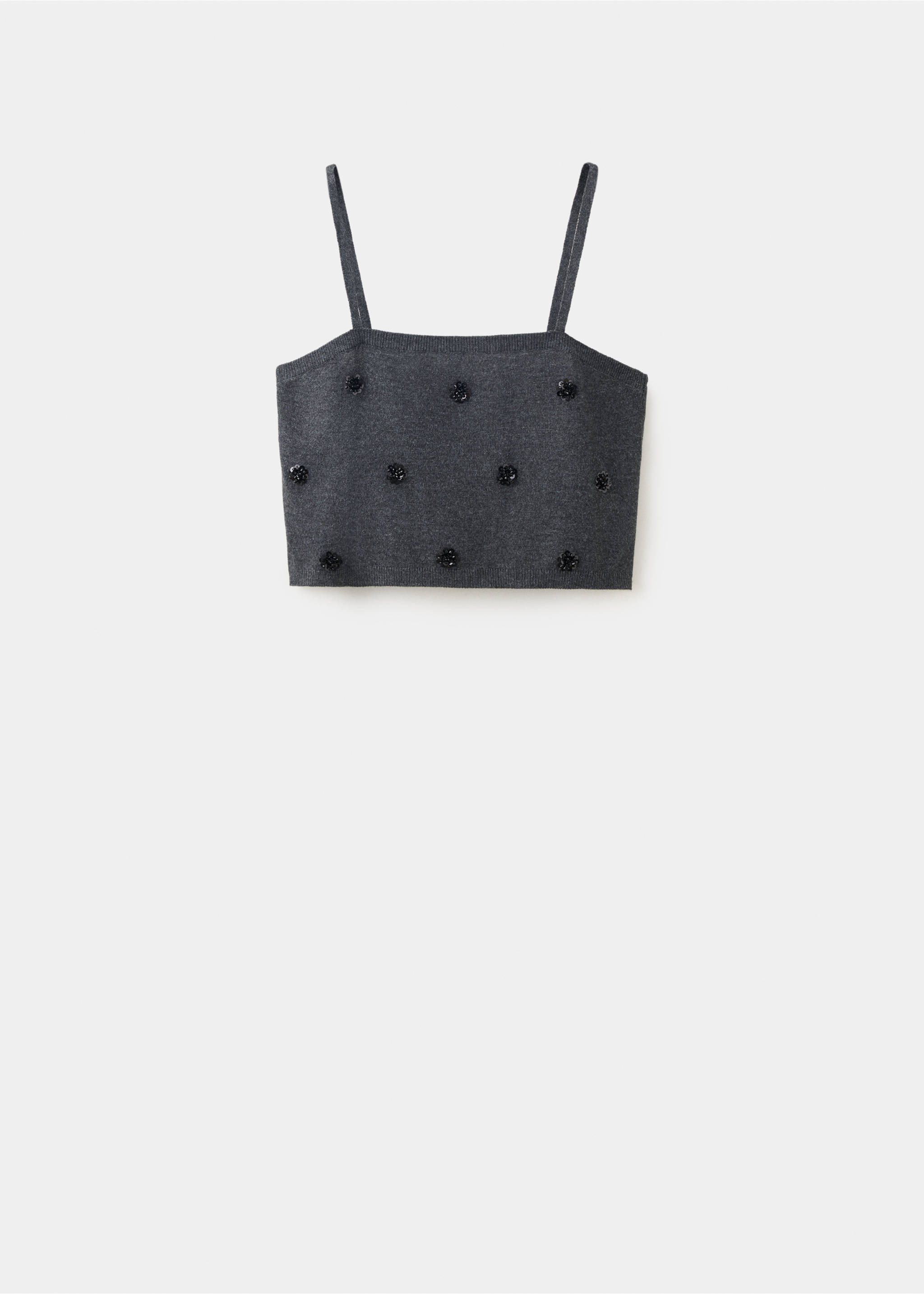 Dark grey knit crop top with thin straps and scattered black beads., Charcoal. Ref: 37077796-00.