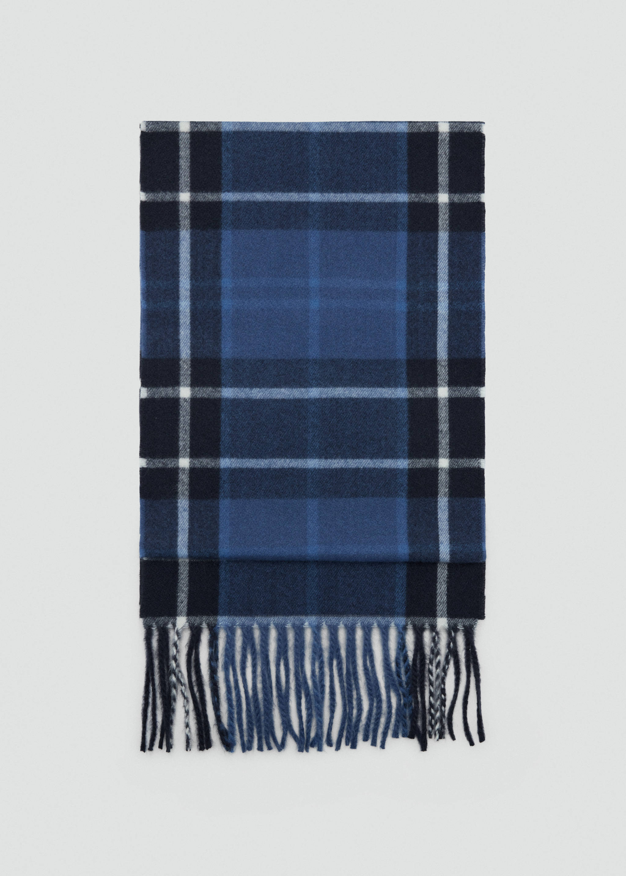 Blue check scarf with fringed hem.