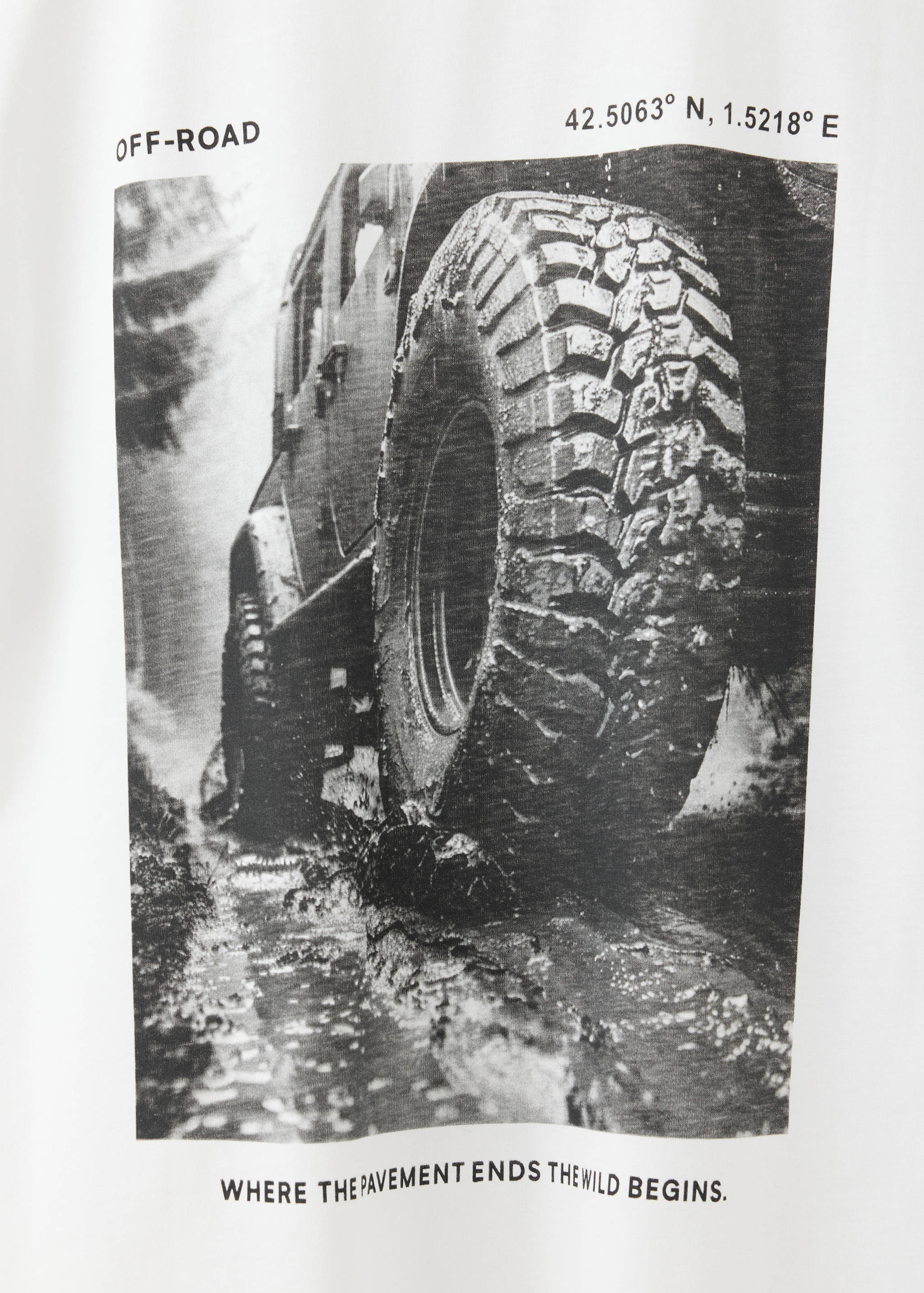 White t-shirt with a black and off-road graphic print.