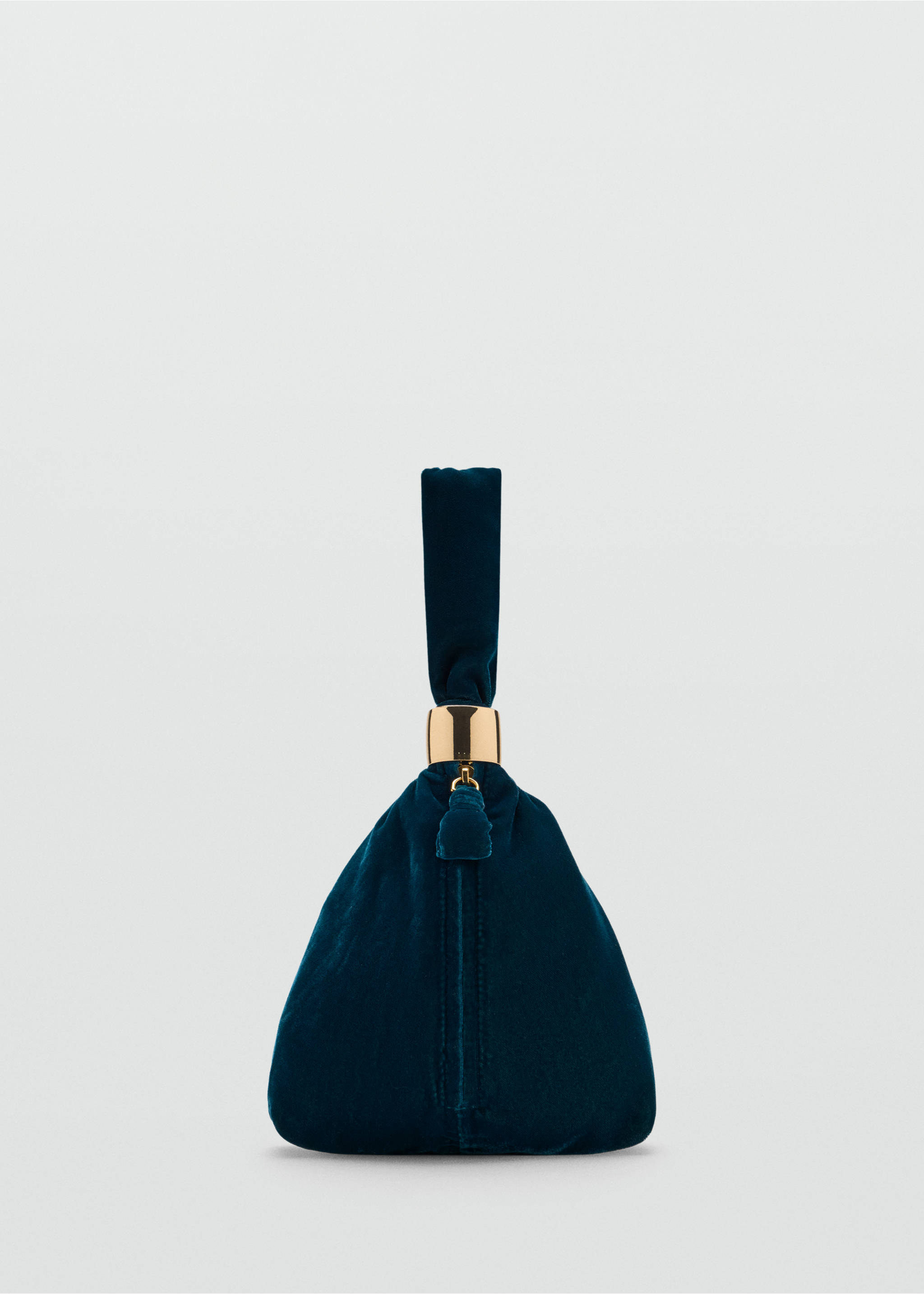 Dark teal velvet handbag with a gold-tone metal ring and a single handle., Prussian Blue. Ref: 37077805-00.