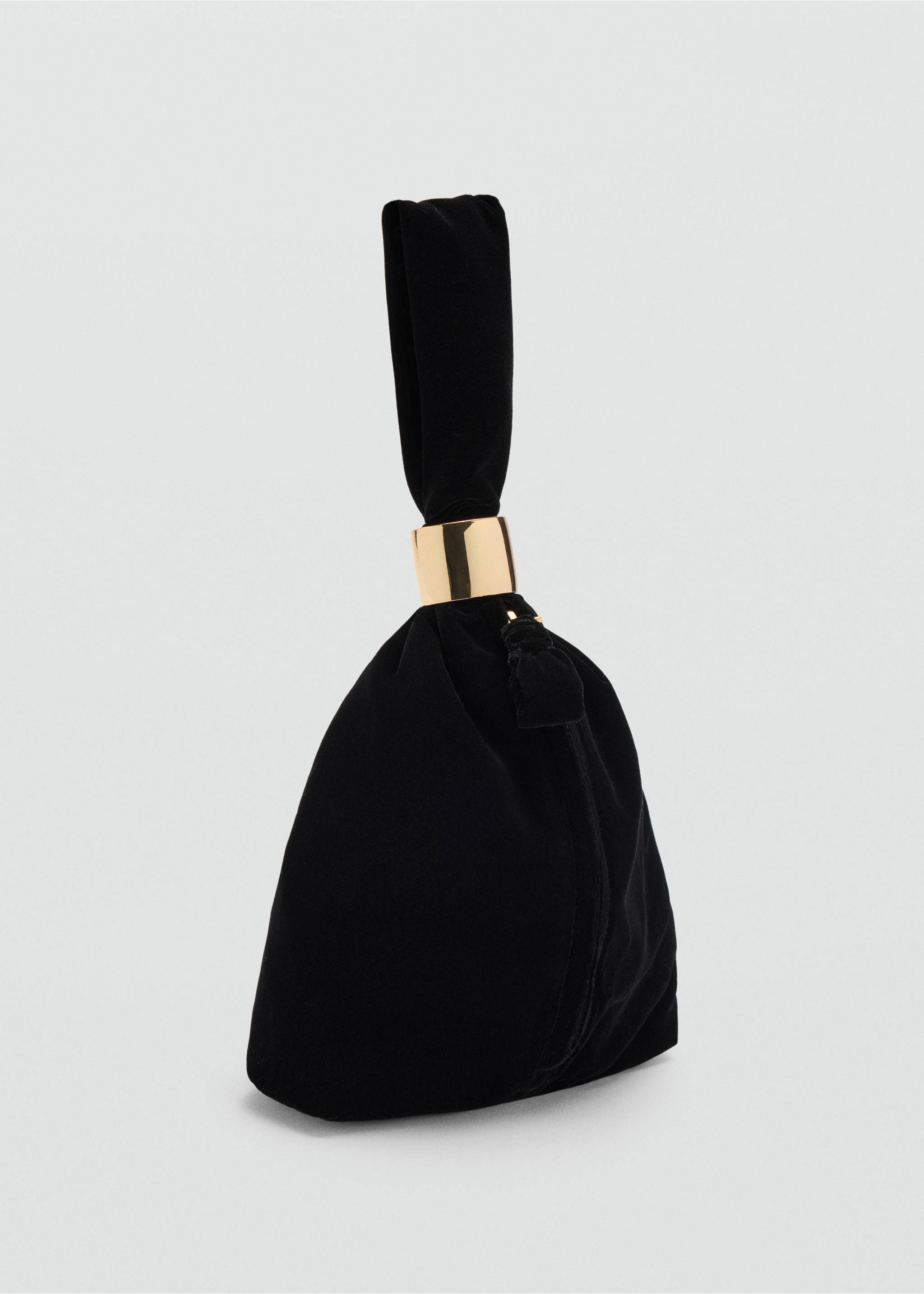 Black velvet handbag with a soft gathered pouch shape and gold-coloured metal ring detail., Black. Ref: 37077805-00.