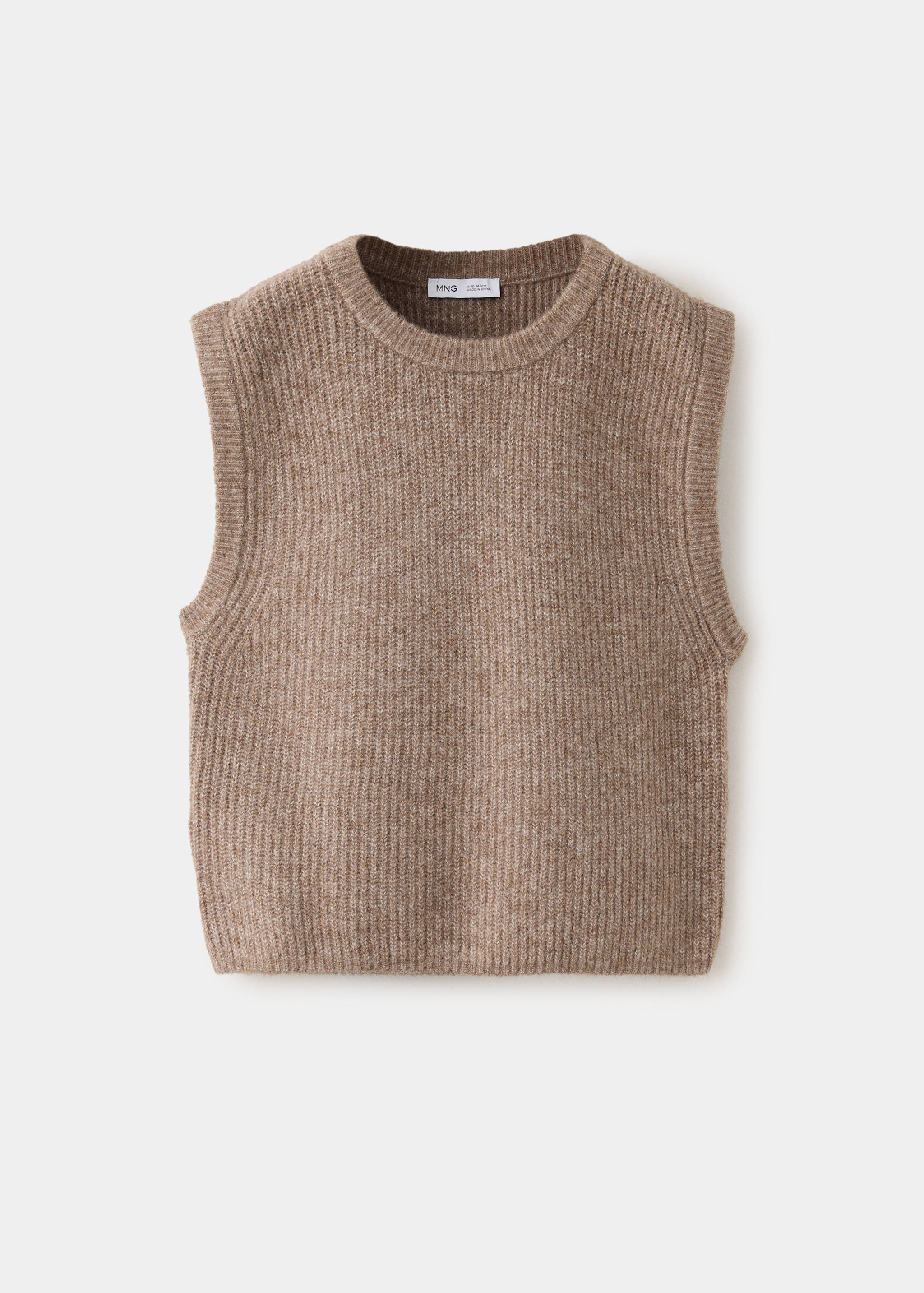 Brown ribbed knit jumper vest with crew neckline.