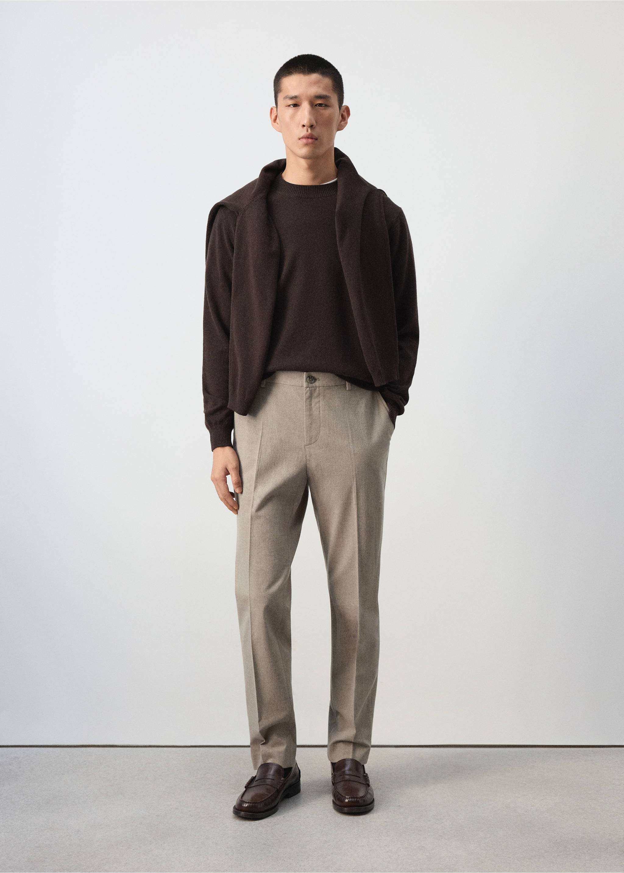 Light beige straight trousers worn with a brown jumper and loafers, Beige. Ref: 37077882-00.