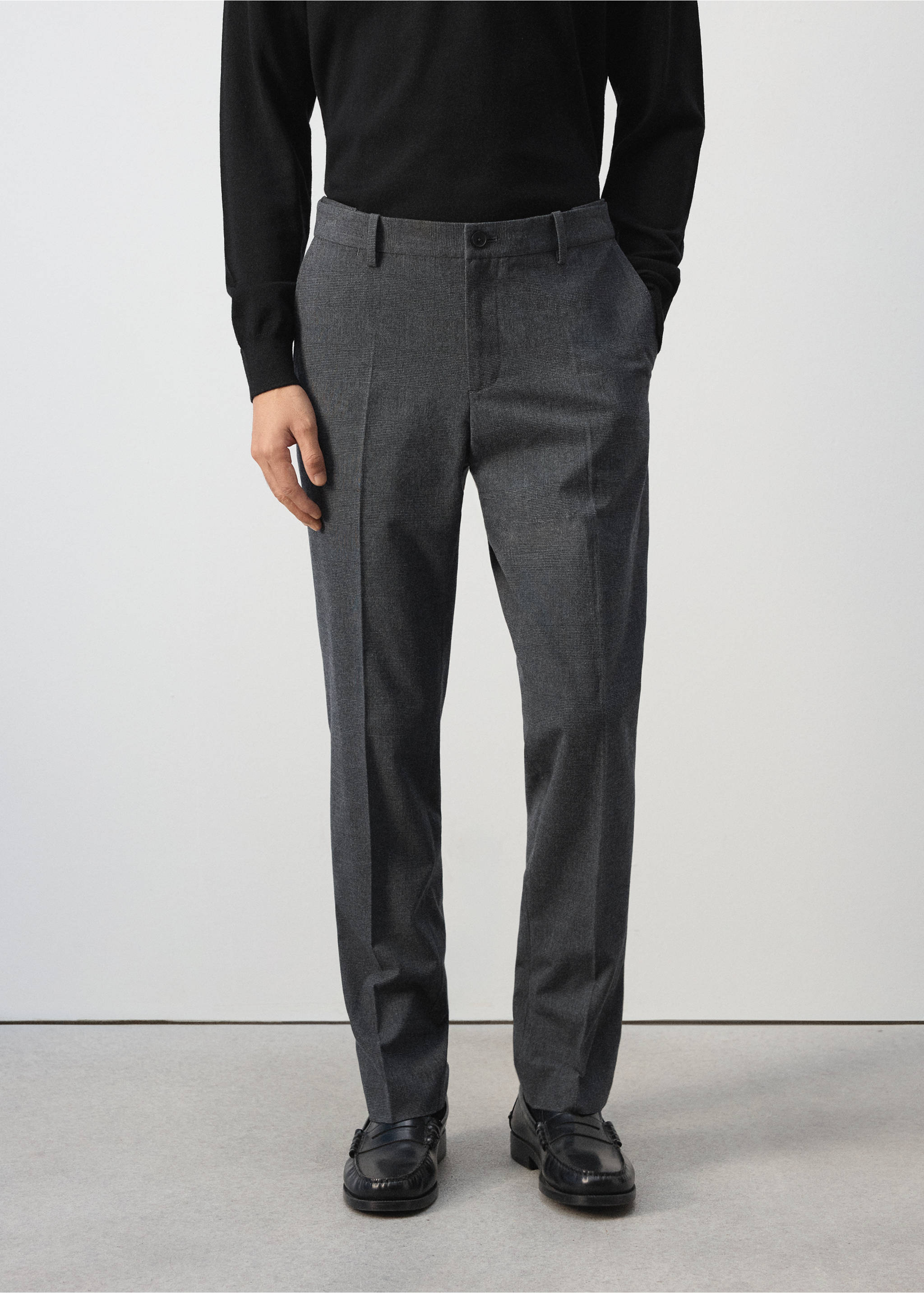 Dark grey tailored trousers with center creases and belt loops., Dark Heather Grey. Ref: 37077883-00.