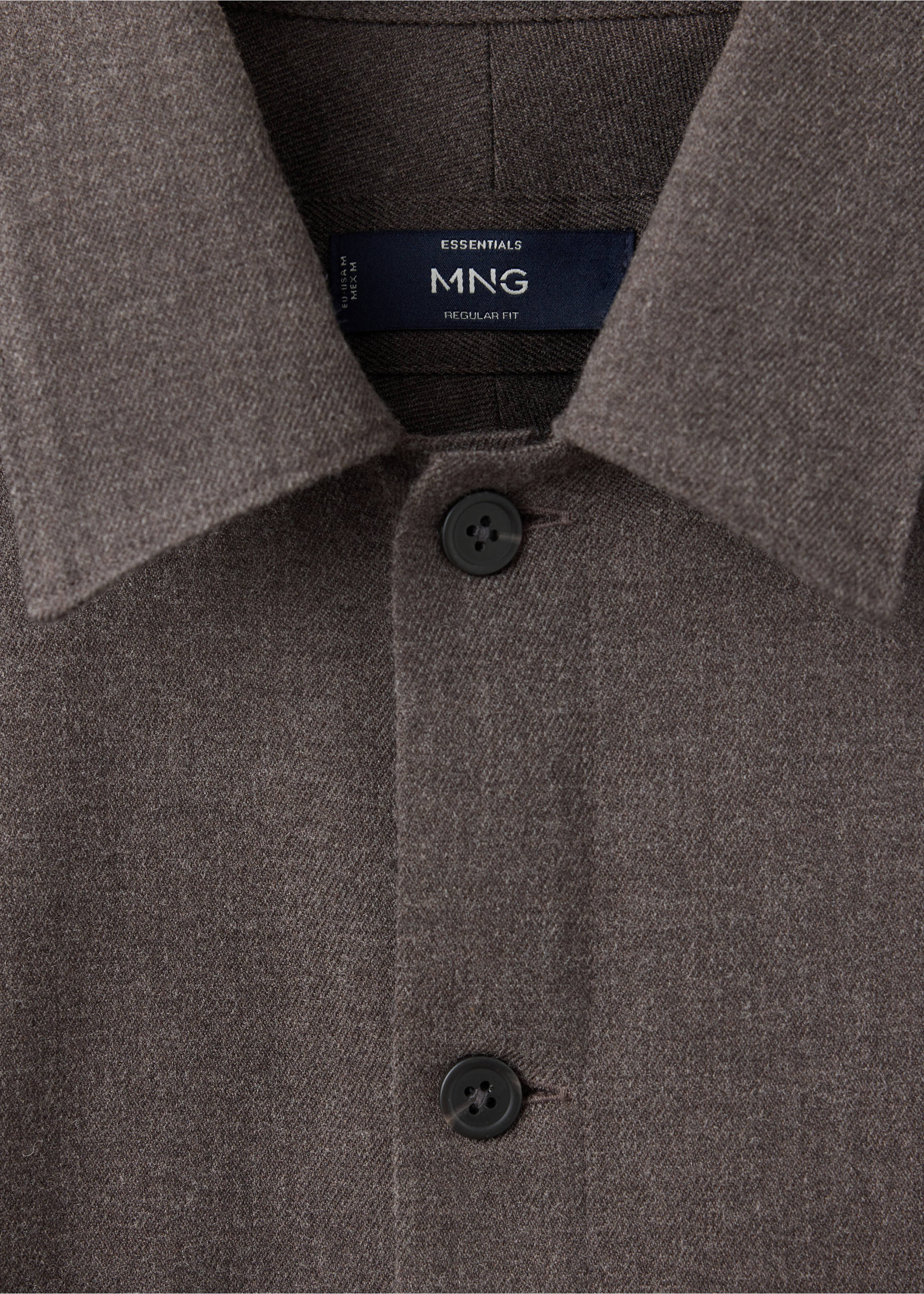 Close-up of a dark brown overshirt with a classic collar and button placket., Brown. Ref: 37077884-00.
