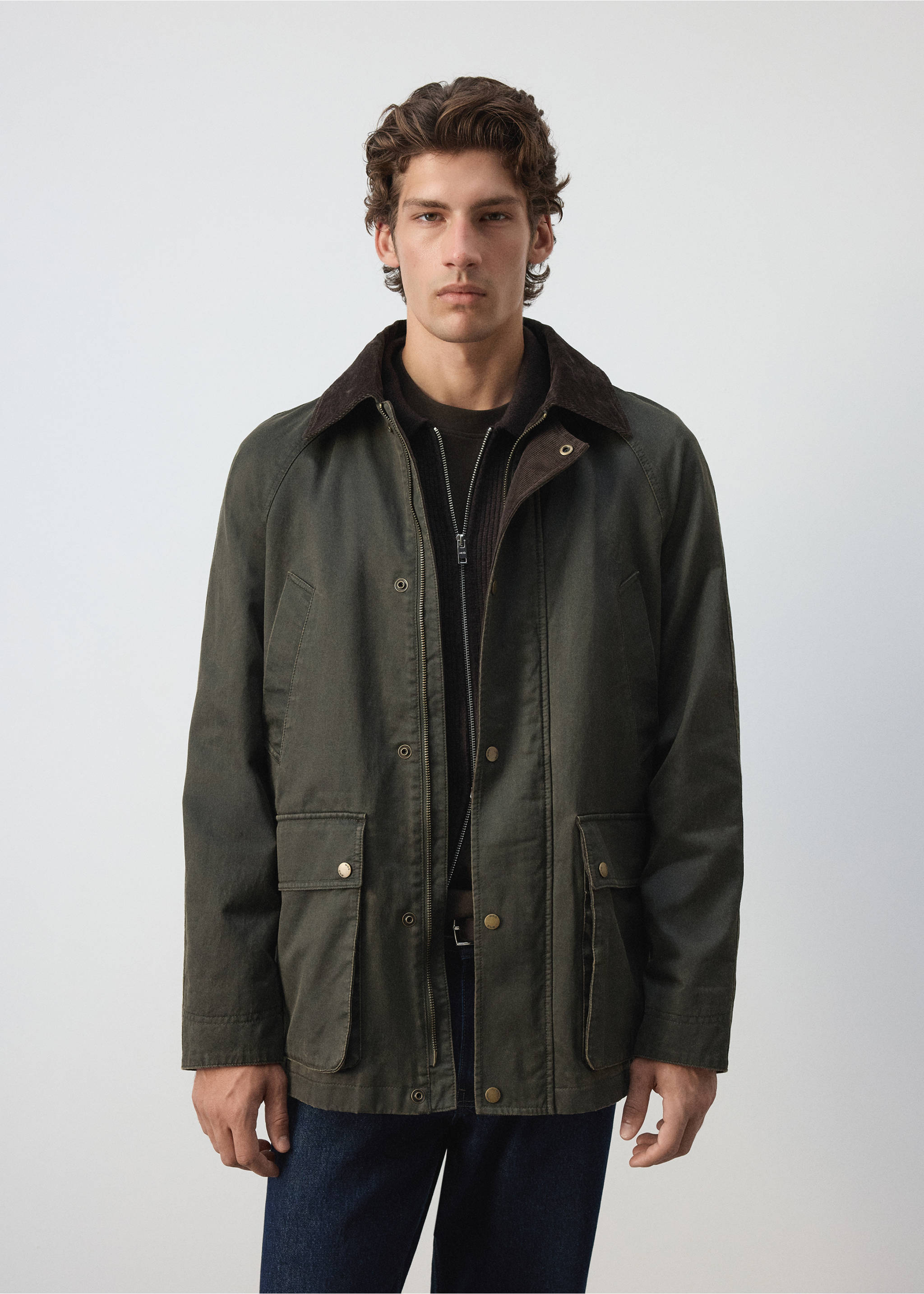 Dark green parka with a brown corduroy collar and front patch pockets., Dark Green. Ref: 37077887-00.