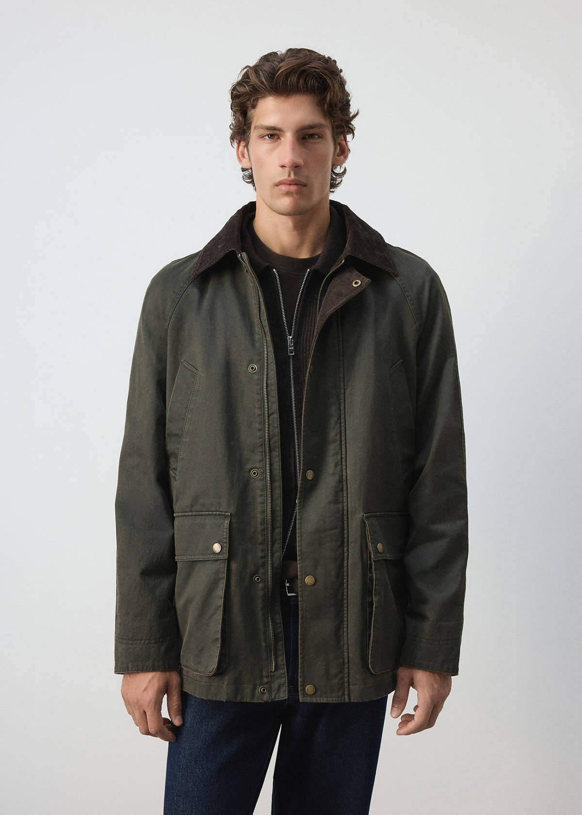 Waxed parka with detachable hood — Dark Green