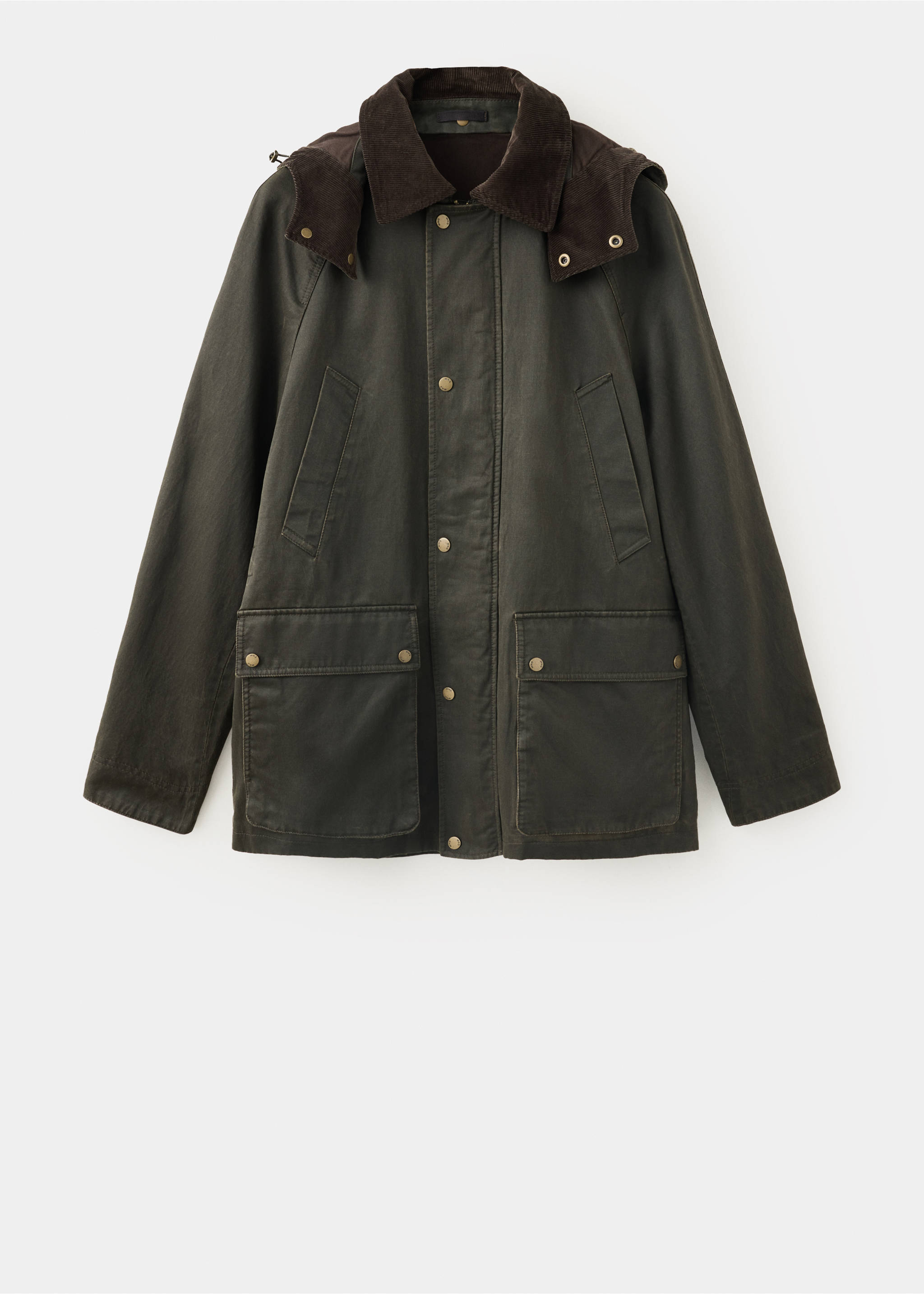 Dark green parka with a brown corduroy collar and front pockets., Dark Green. Ref: 37077887-00.