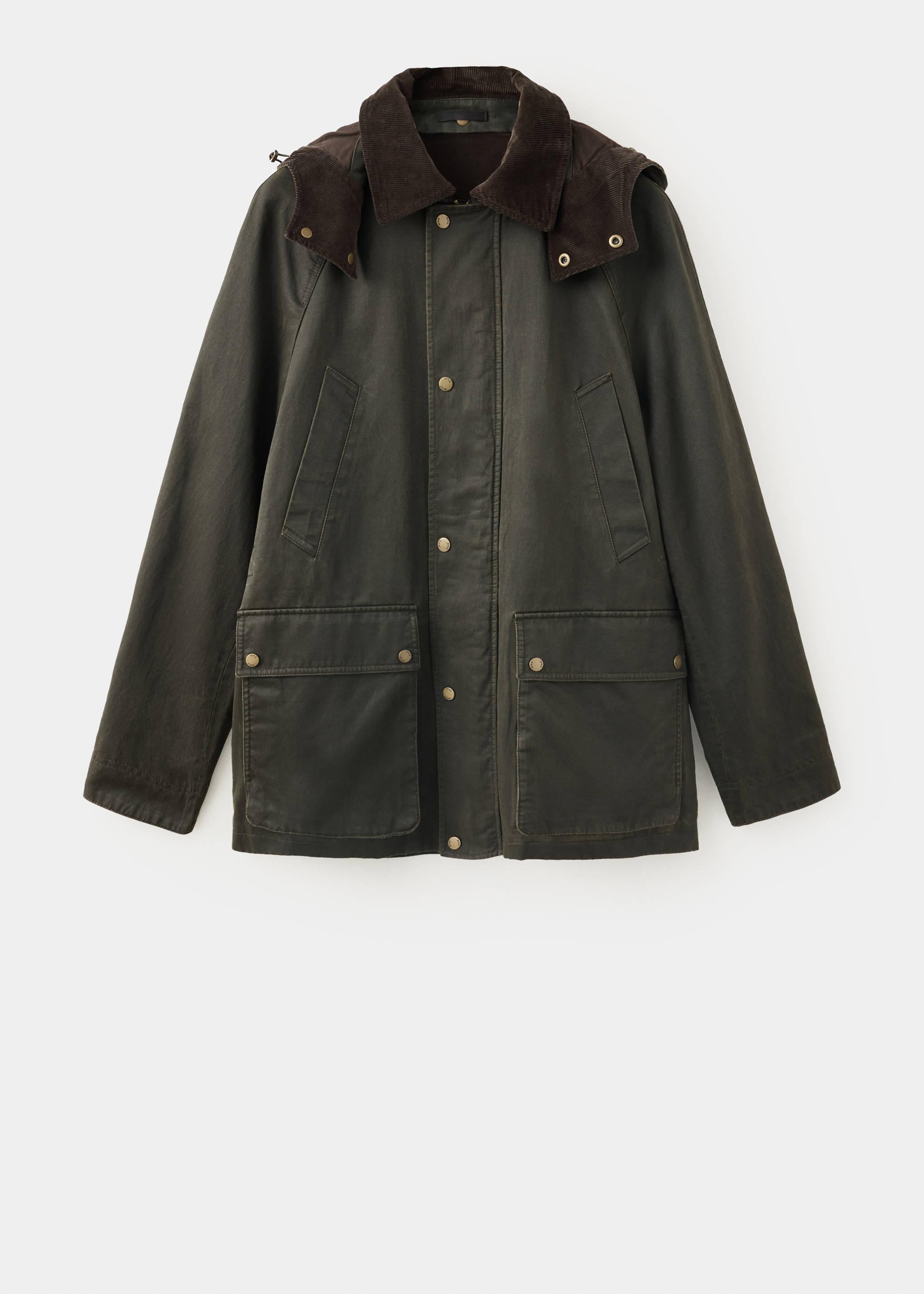 Dark green parka with a brown corduroy collar and front pockets.