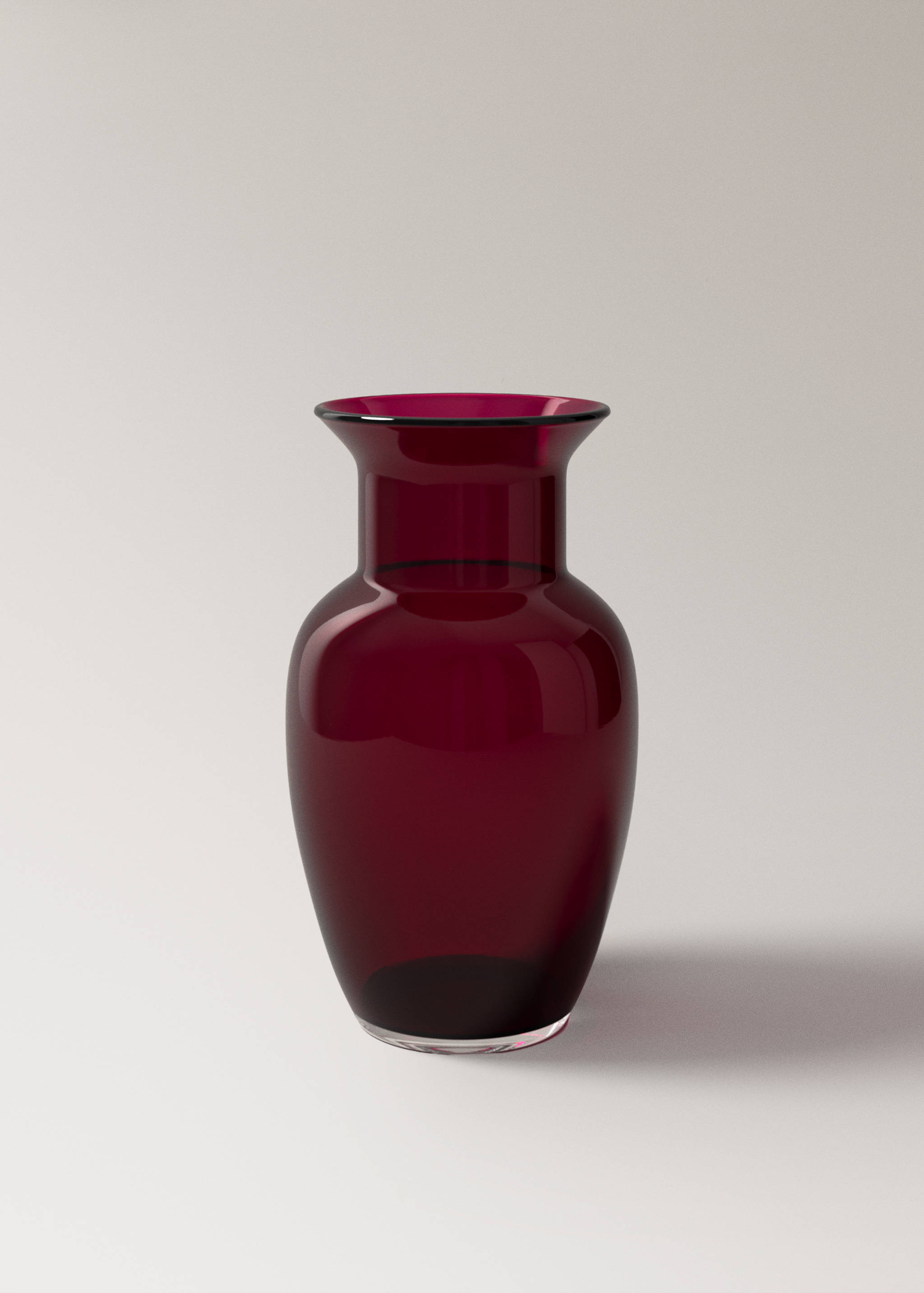 Dark red glass vase with a rounded body and flared rim.