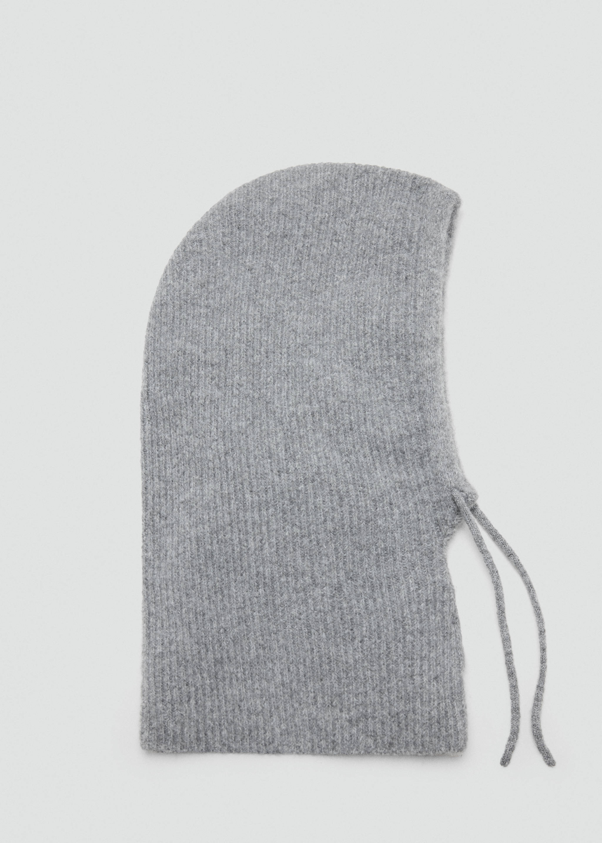 Grey knitted kids' balaclava with ribbed texture and drawstrings.