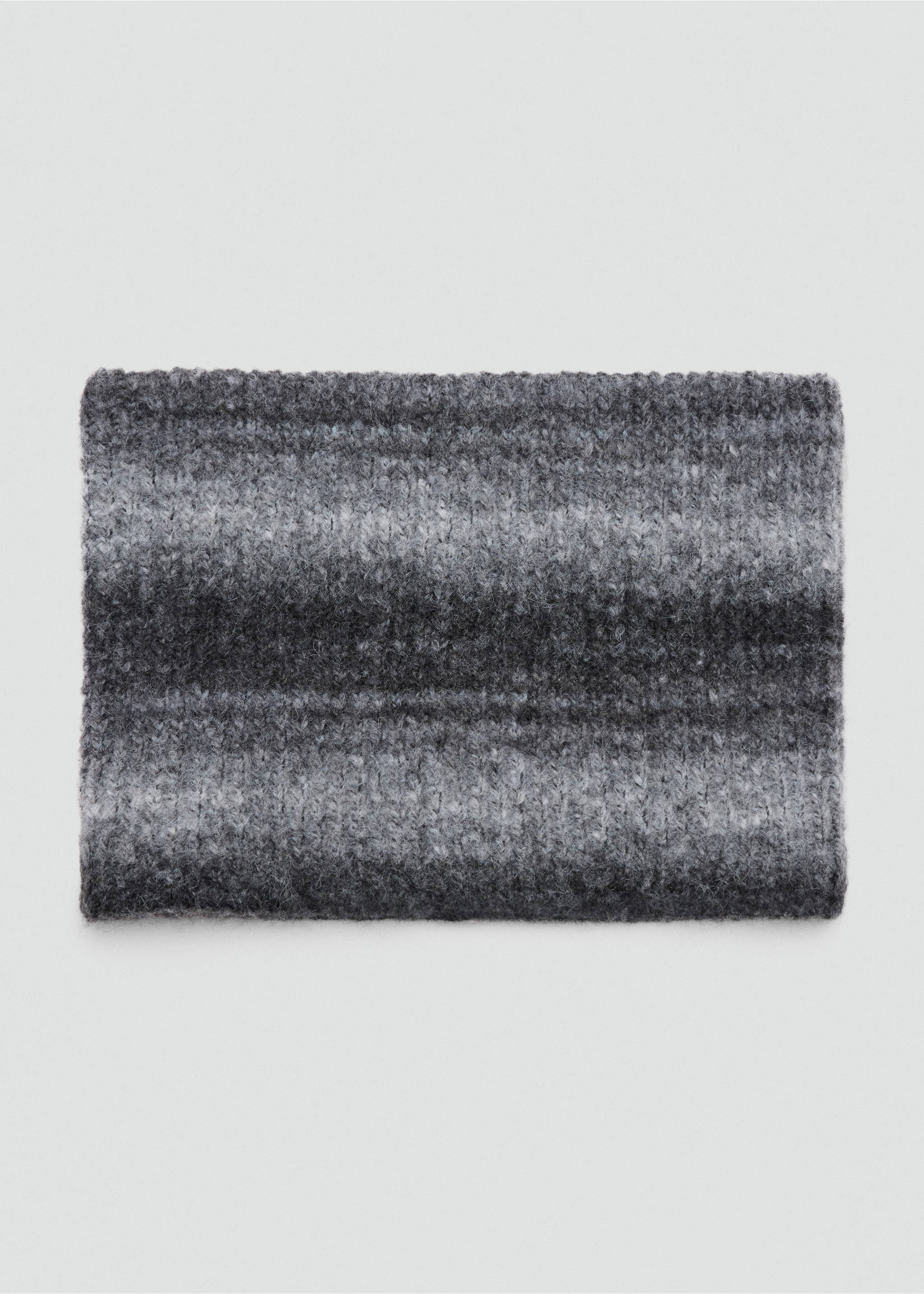 Grey knitted scarf with a fuzzy texture and horizontal stripes., Grey. Ref: 37077897-00.
