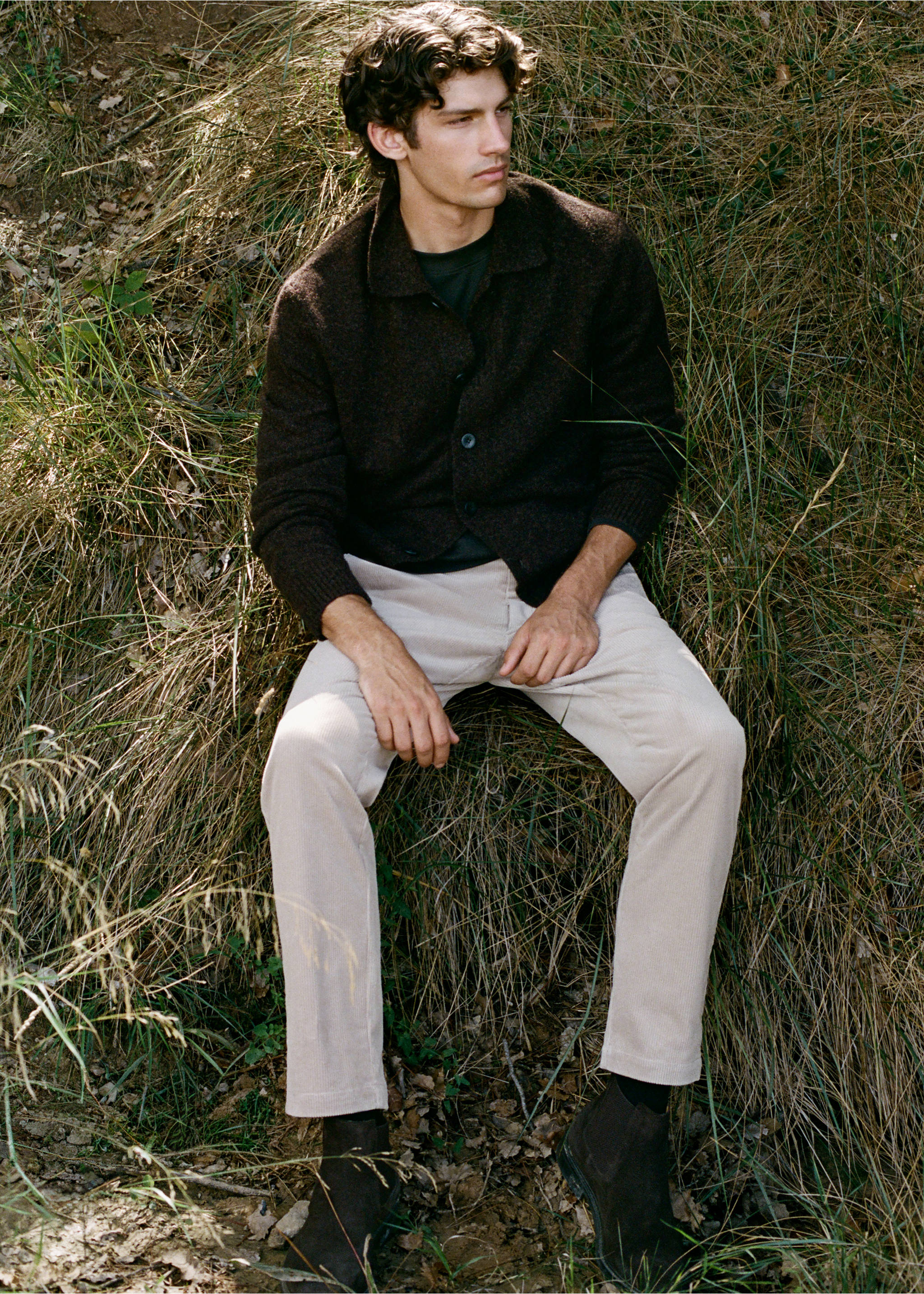 Corduroy slim-fit trousers - Details of the article 5, Light/Pastel Grey. Ref: 37077898-00.