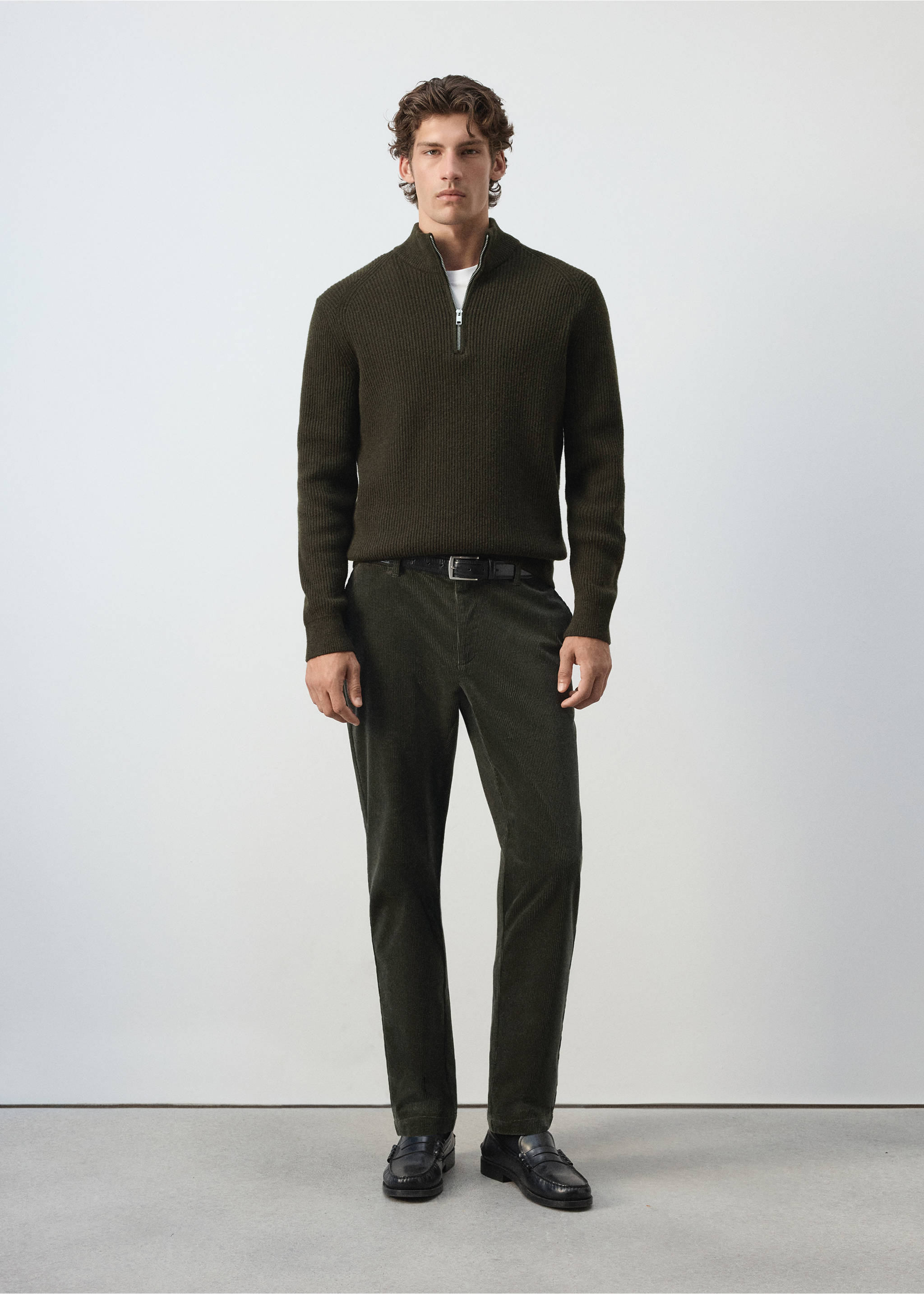 Dark green straight-fit trousers worn with a dark green zip-neck sweater, Dark Green. Ref: 37077898-00.