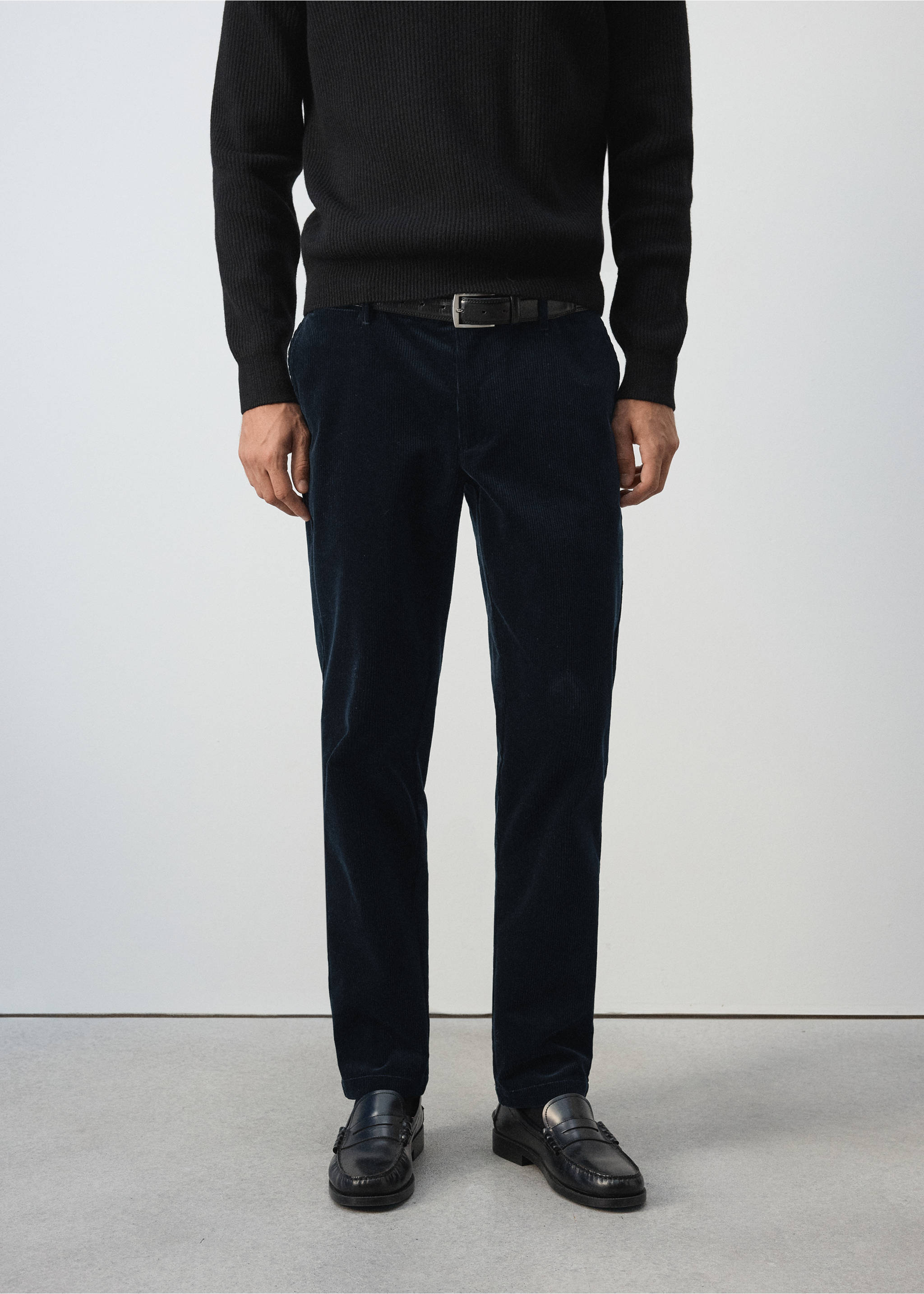 Navy blue straight-fit corduroy trousers worn with a black belt., Navy. Ref: 37077898-00.