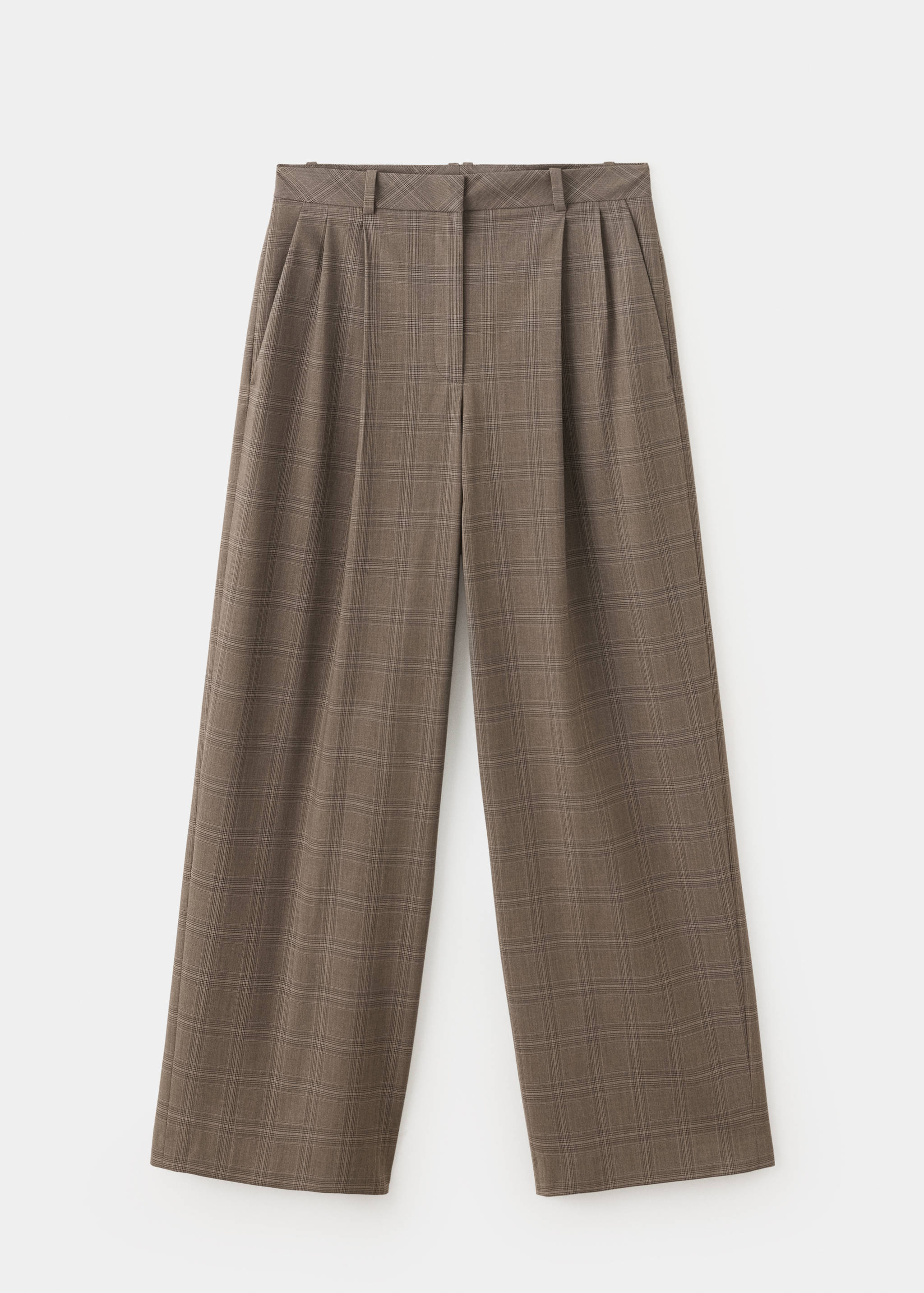 Brown plaid high-waisted pleated trousers in a straight-leg fit.