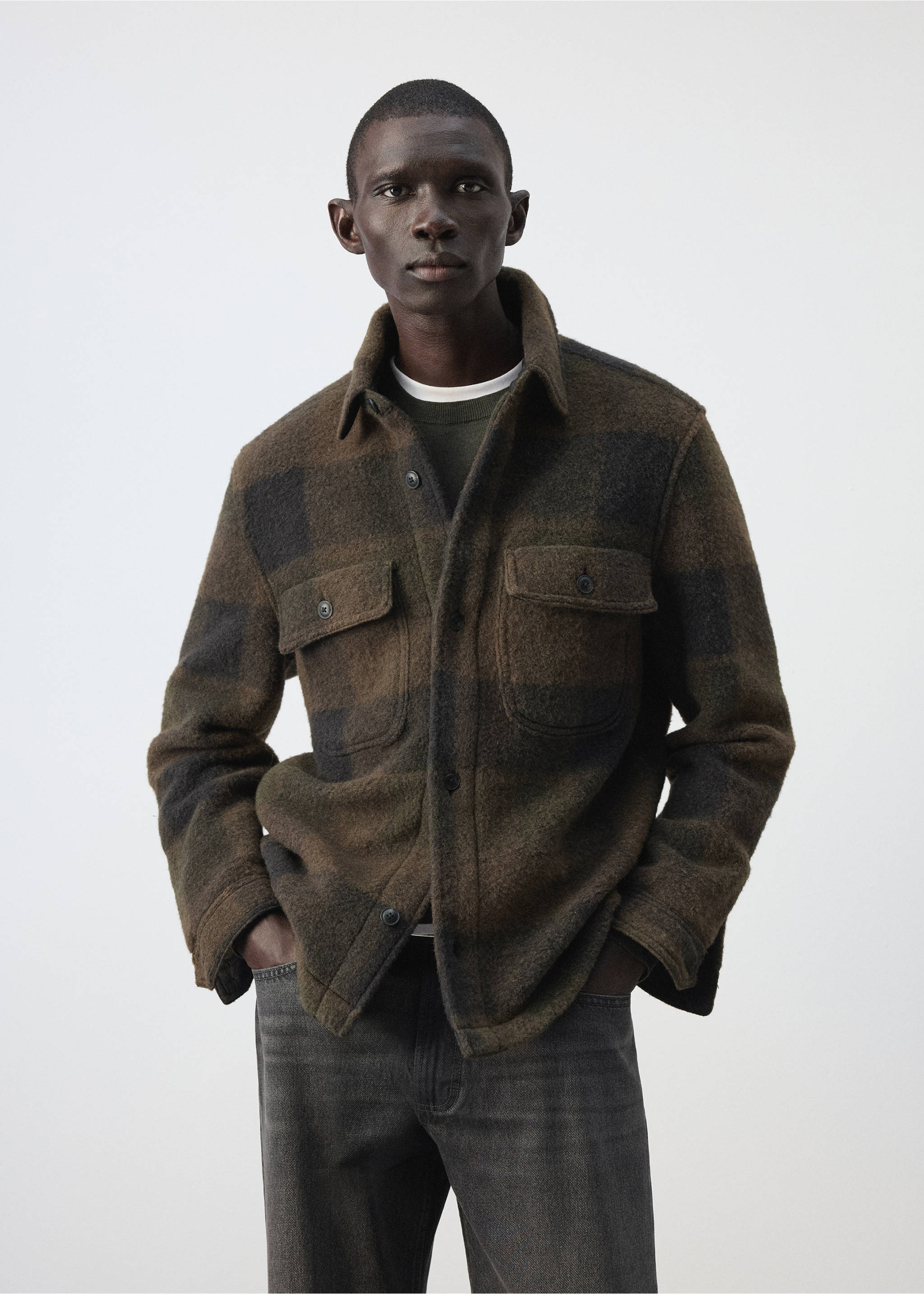 Check wool-blend overshirt - Medium plane, Khaki. Ref: 37077900-00.