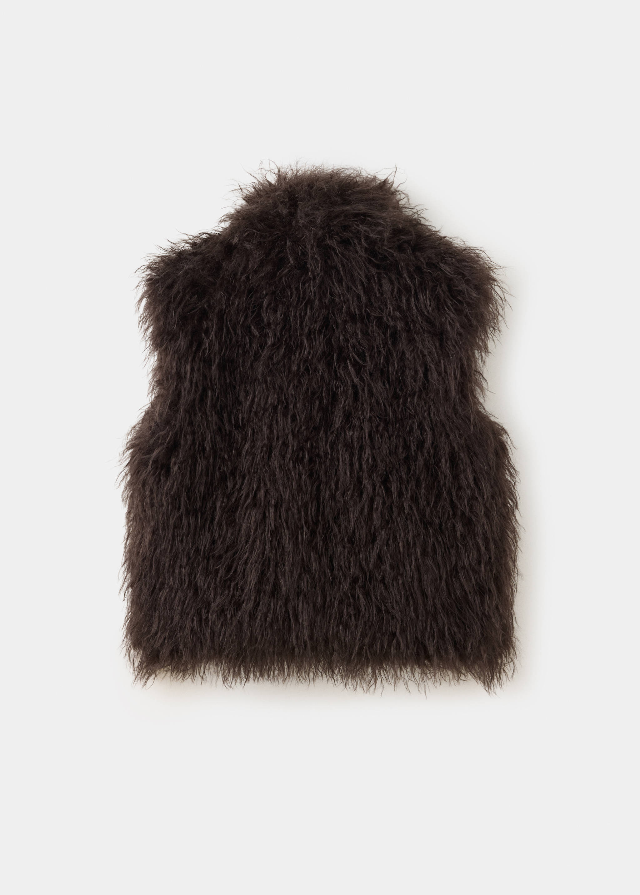 Dark brown faux-fur vest, back view.