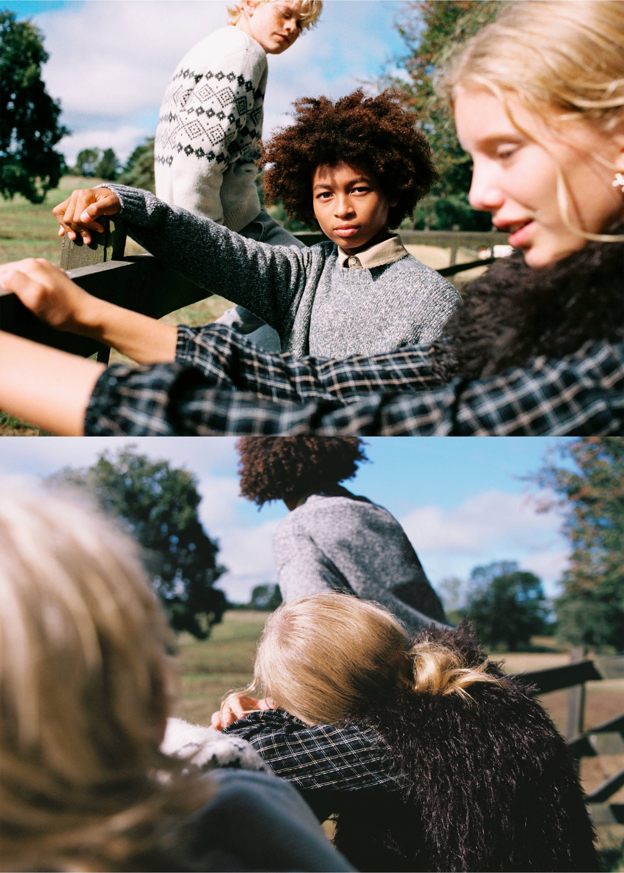 Children outdoors, featuring a child in a dark textured gilet over a plaid shirt., Chocolate. Ref: 37077904-00.