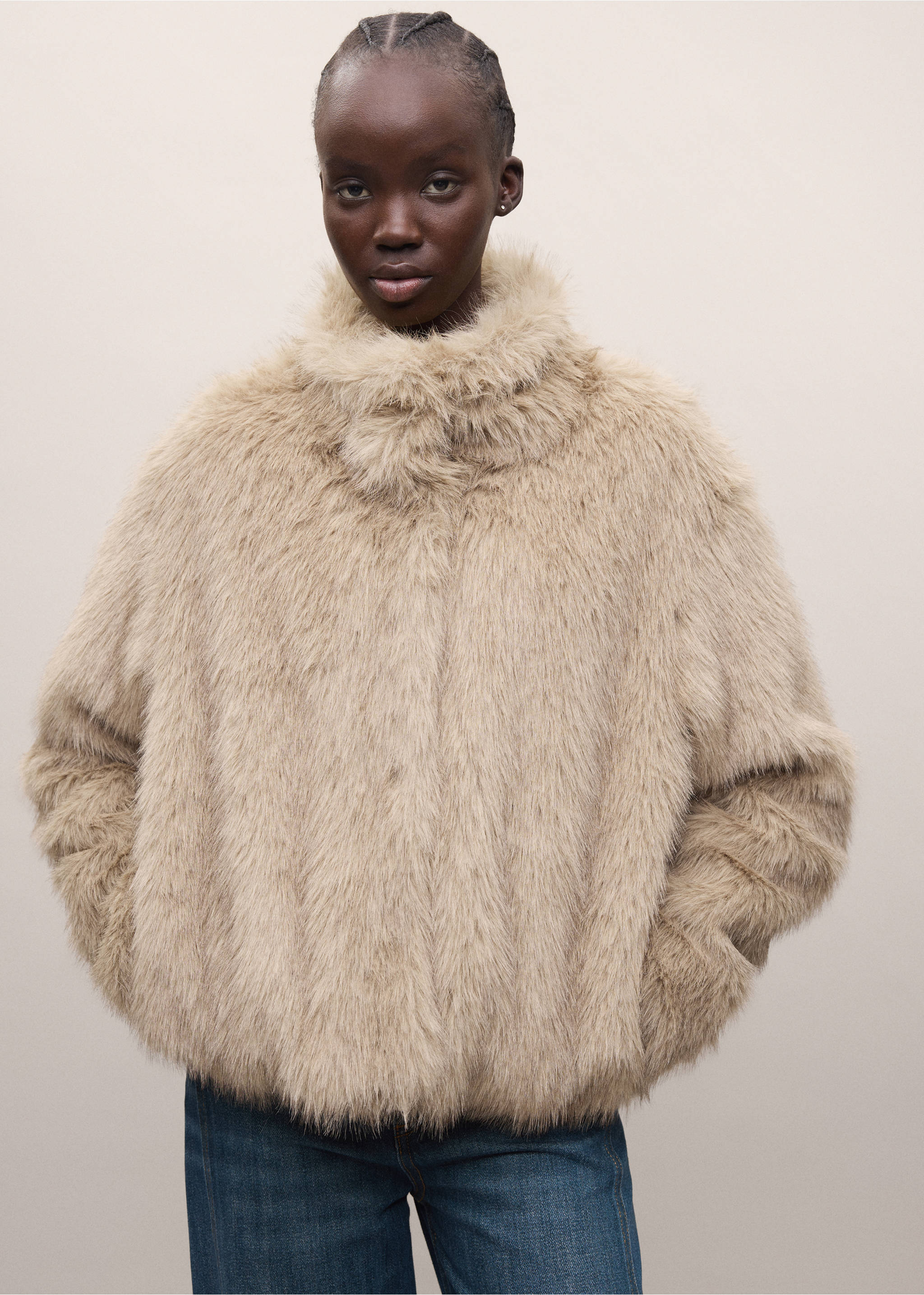 Beige faux-fur coat with a high funnel neck., Beige. Ref: 37077905-01.