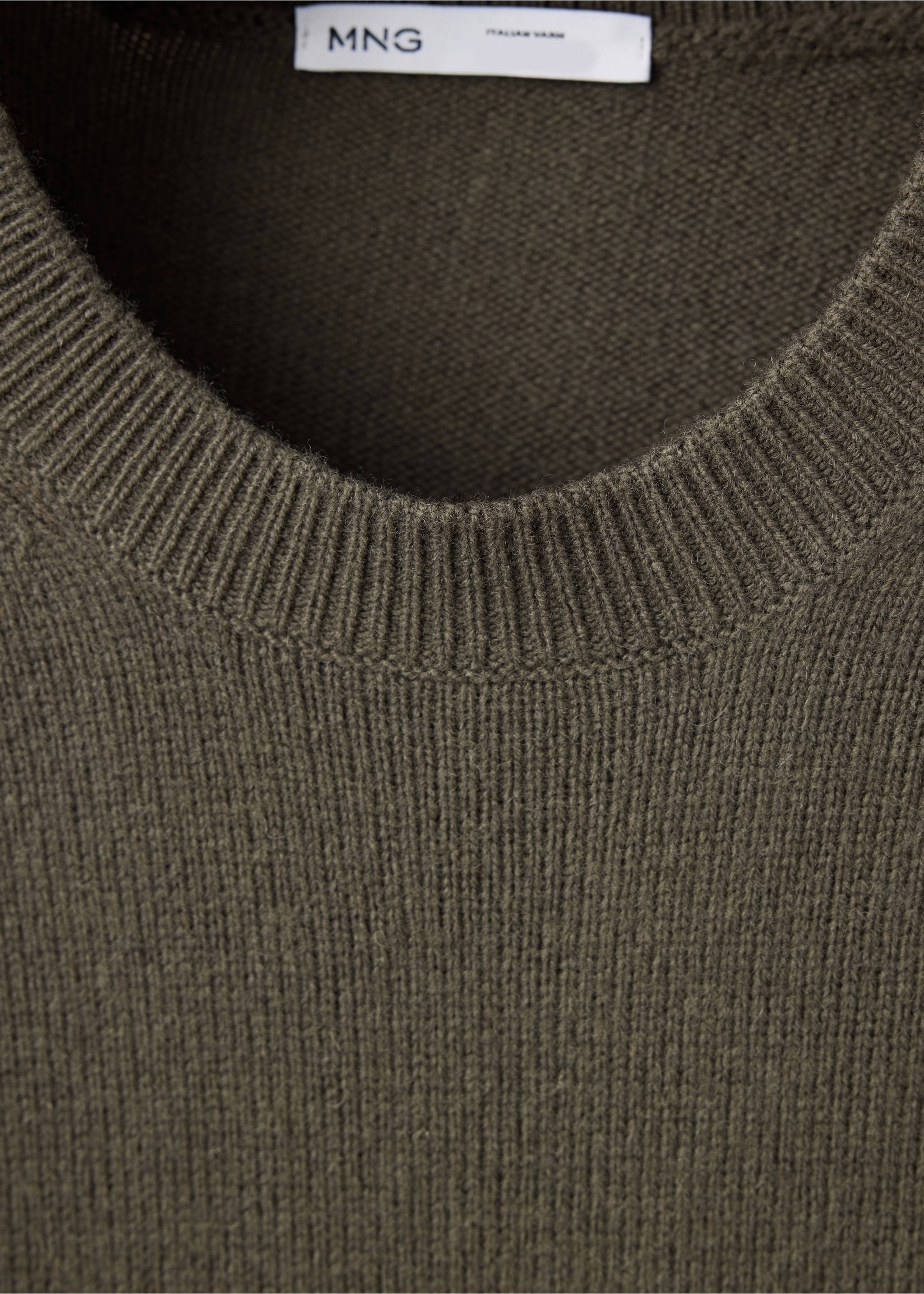 Close-up of a dark khaki green knit jumper with a ribbed crew neckline., Khaki. Ref: 37077908-00.