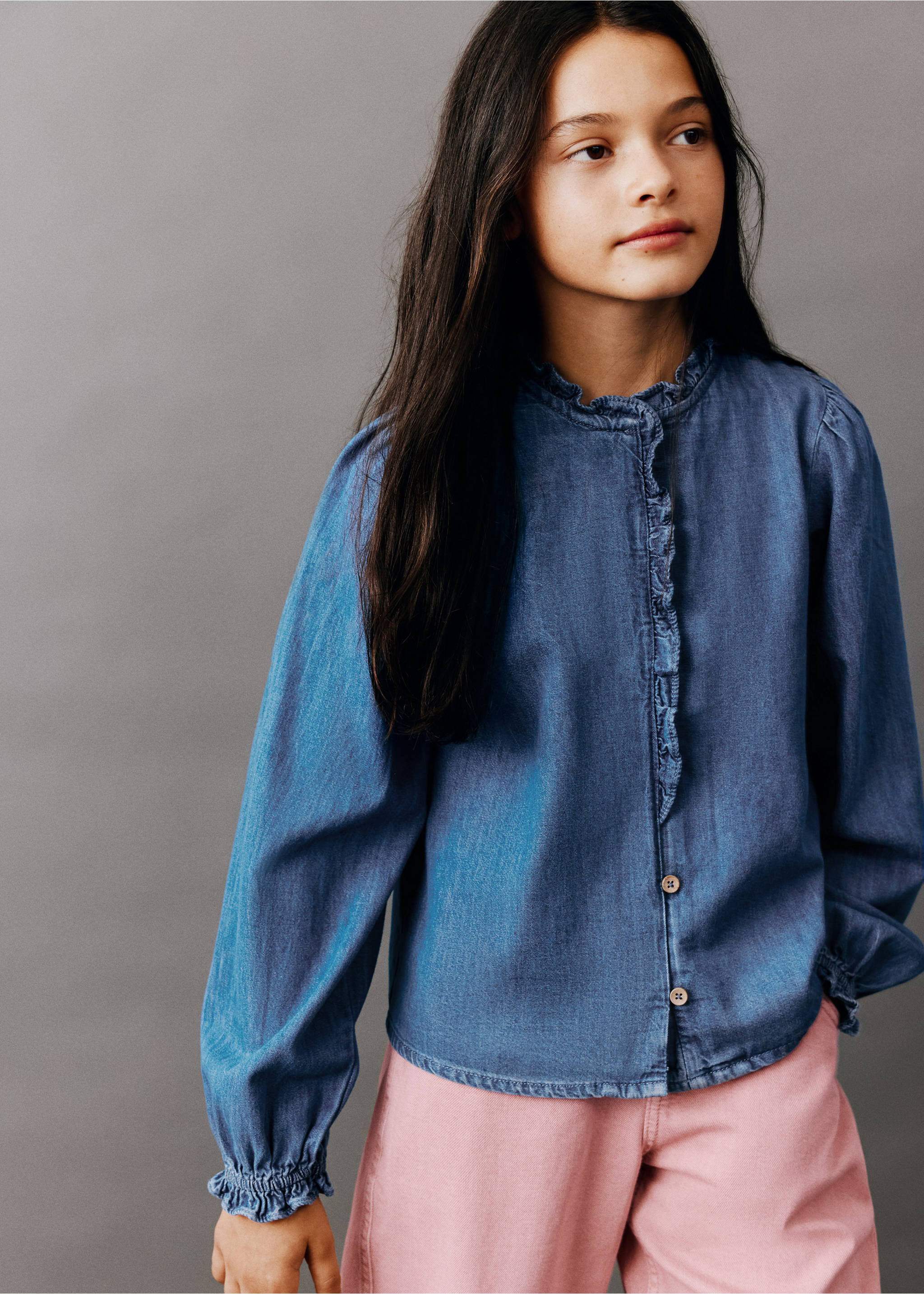 Camisa denim detalle volantes - Plano general, Azul oscuro. Ref: 37077909-00.
