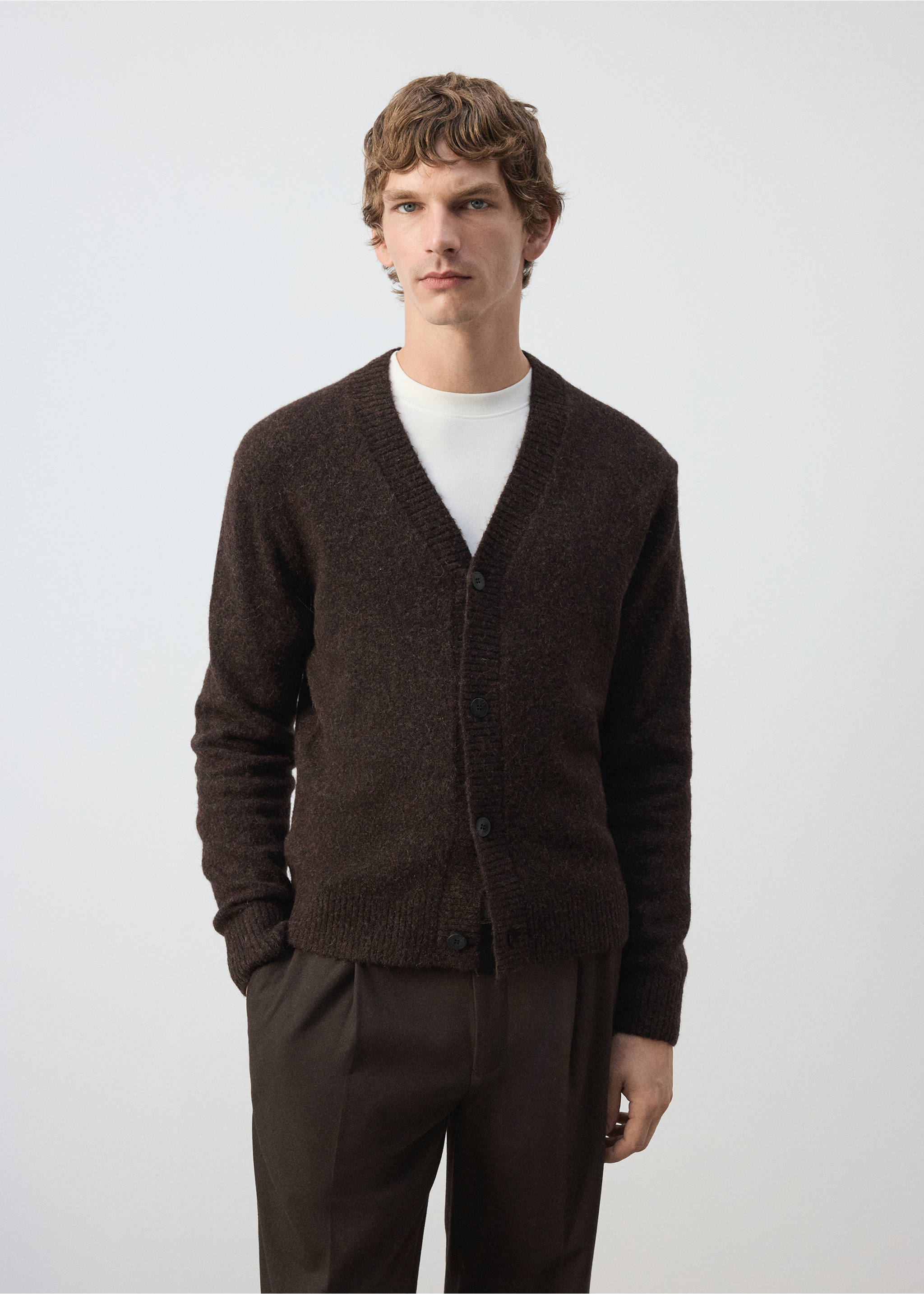 Dark brown knitted V-neck cardigan with front buttons., Chocolate. Ref: 37077915-00.