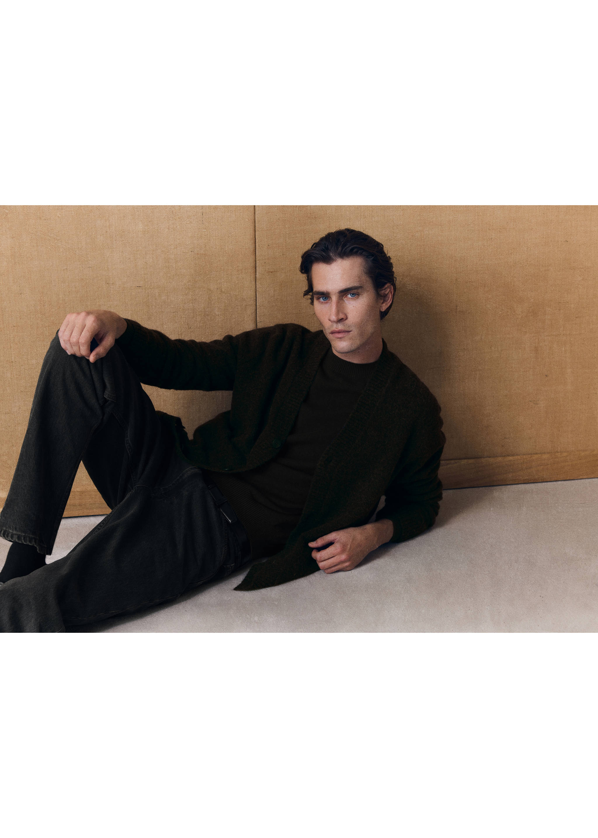 Dark green cardigan worn with matching t-shirt and dark grey trousers., Chocolate. Ref: 37077915-00.