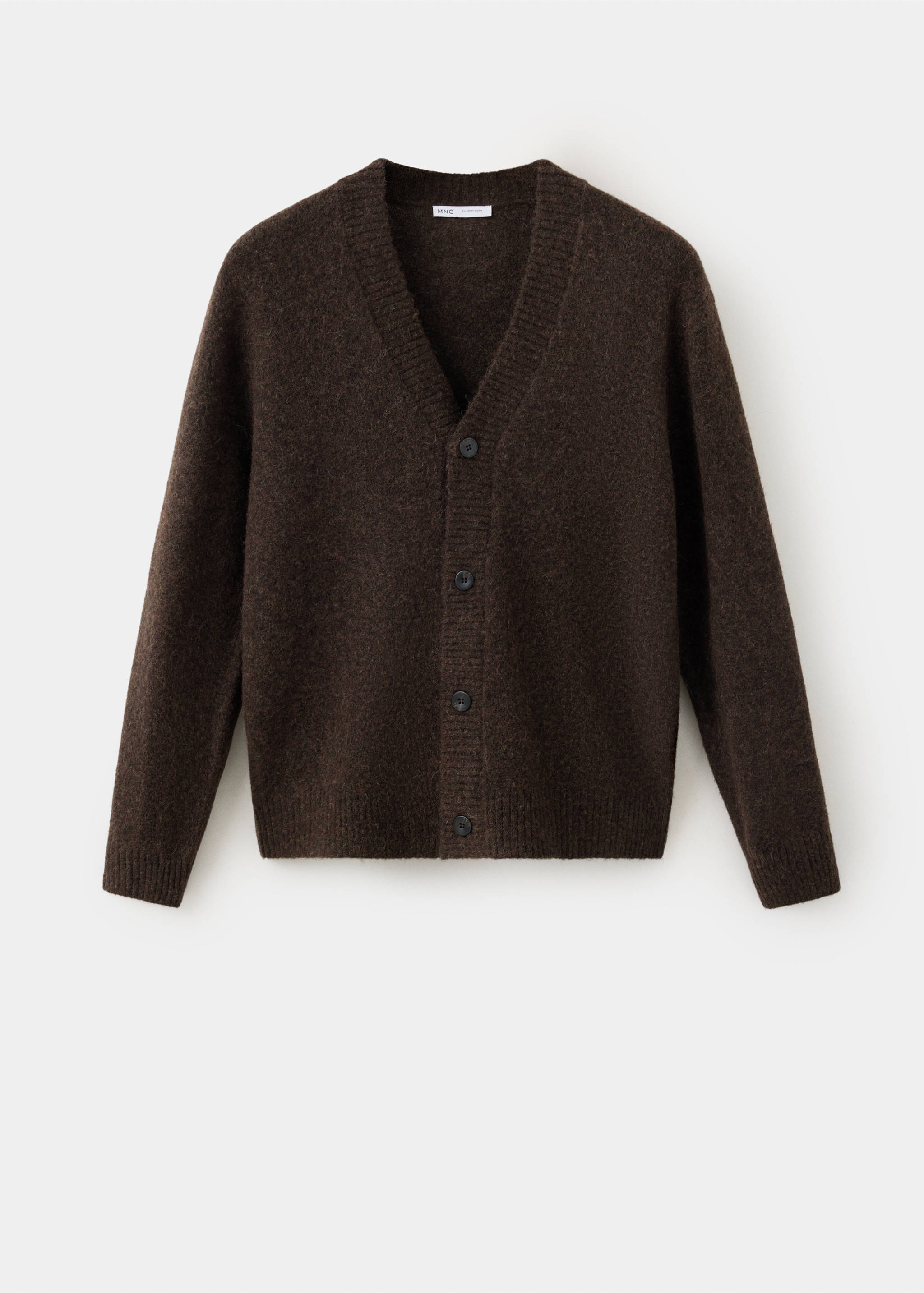 Dark brown V-neck knit cardigan with front button closure., Chocolate. Ref: 37077915-00.