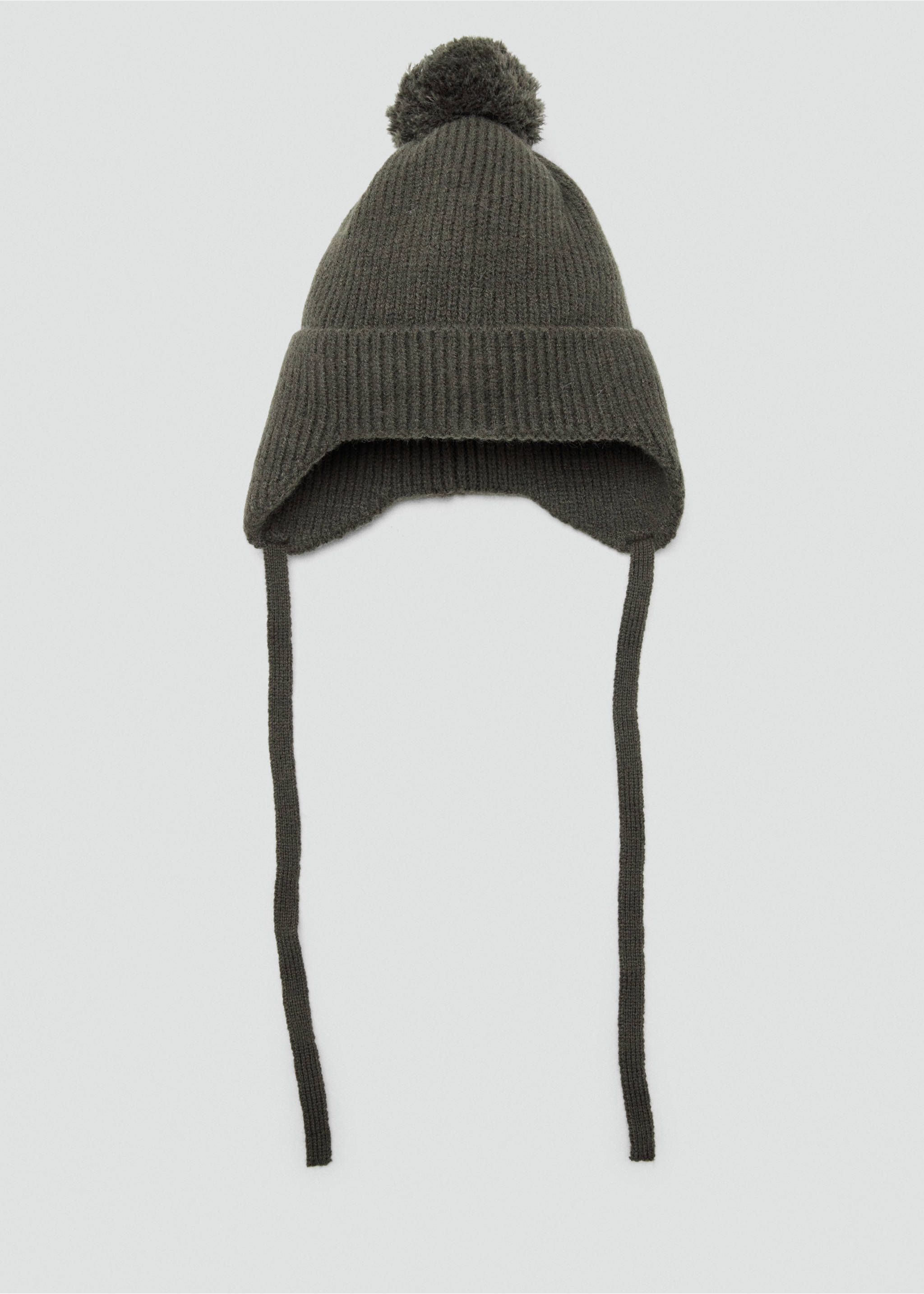 Dark green knitted beanie with earflaps, chin ties and a pom-pom., Khaki. Ref: 37077916-00.