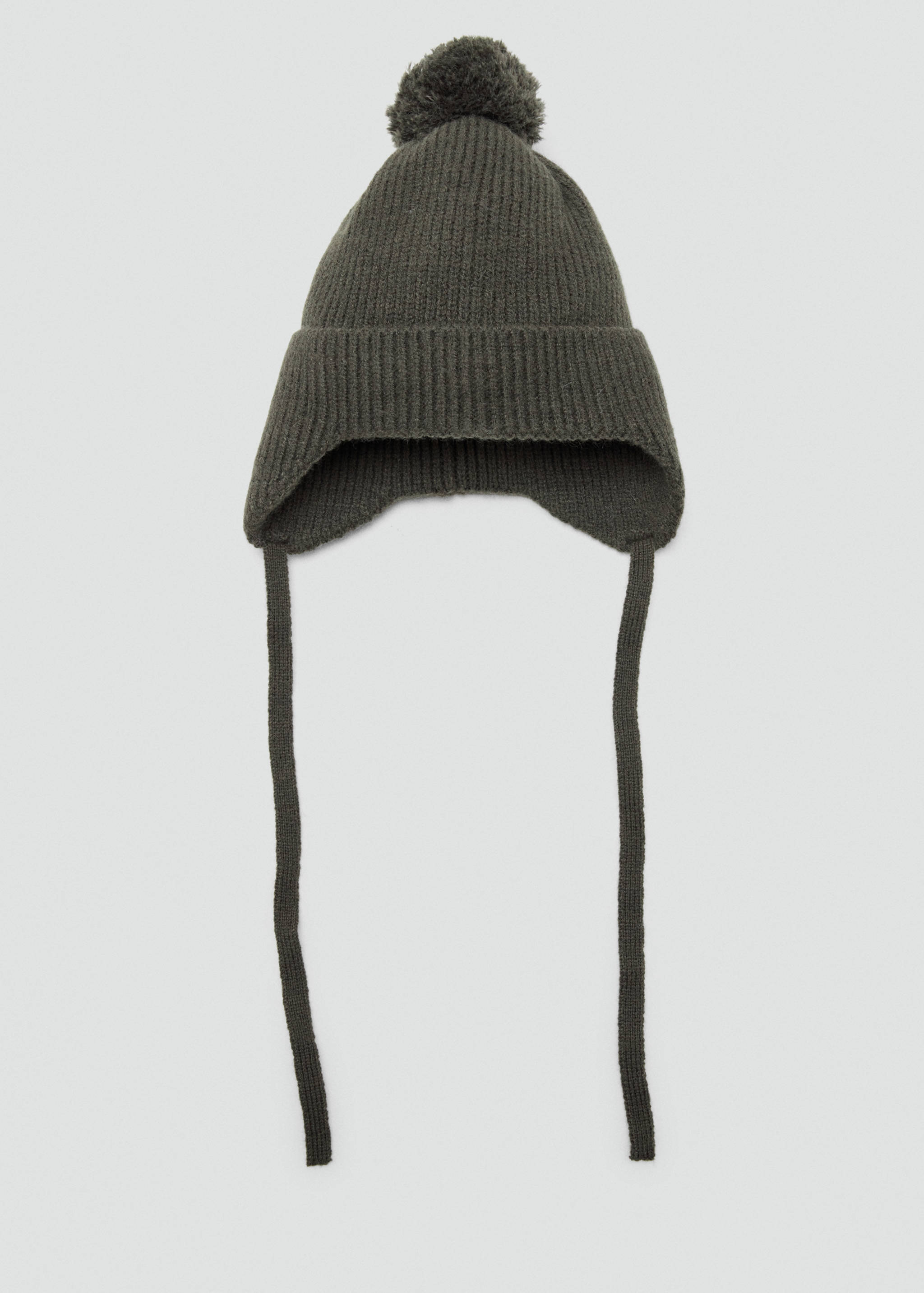 Dark green knitted beanie with earflaps, chin ties and a pom-pom.