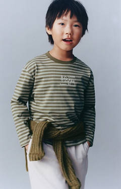 Striped cotton T-shirt — Dark Green 1