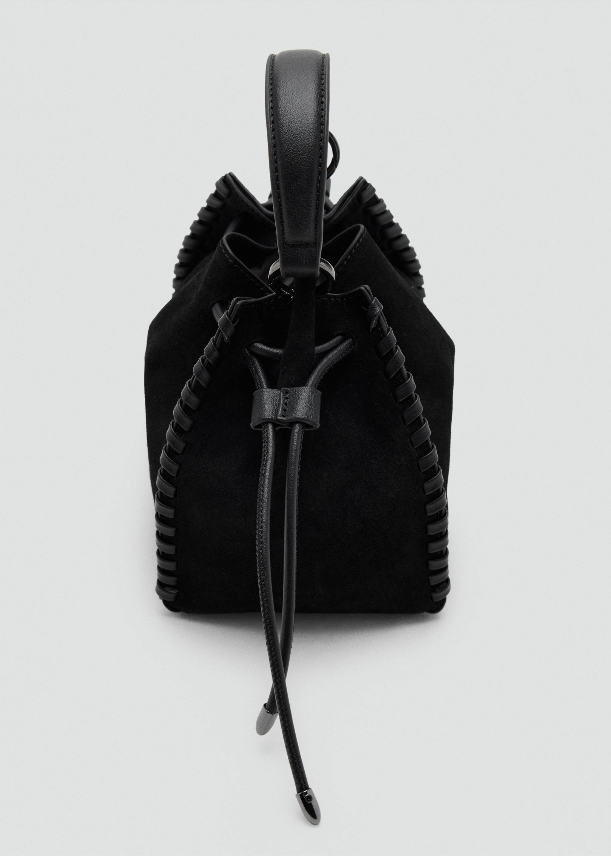 Black suede mini bucket bag with whipstitch trim and drawstring closure., Black. Ref: 37077927-00.