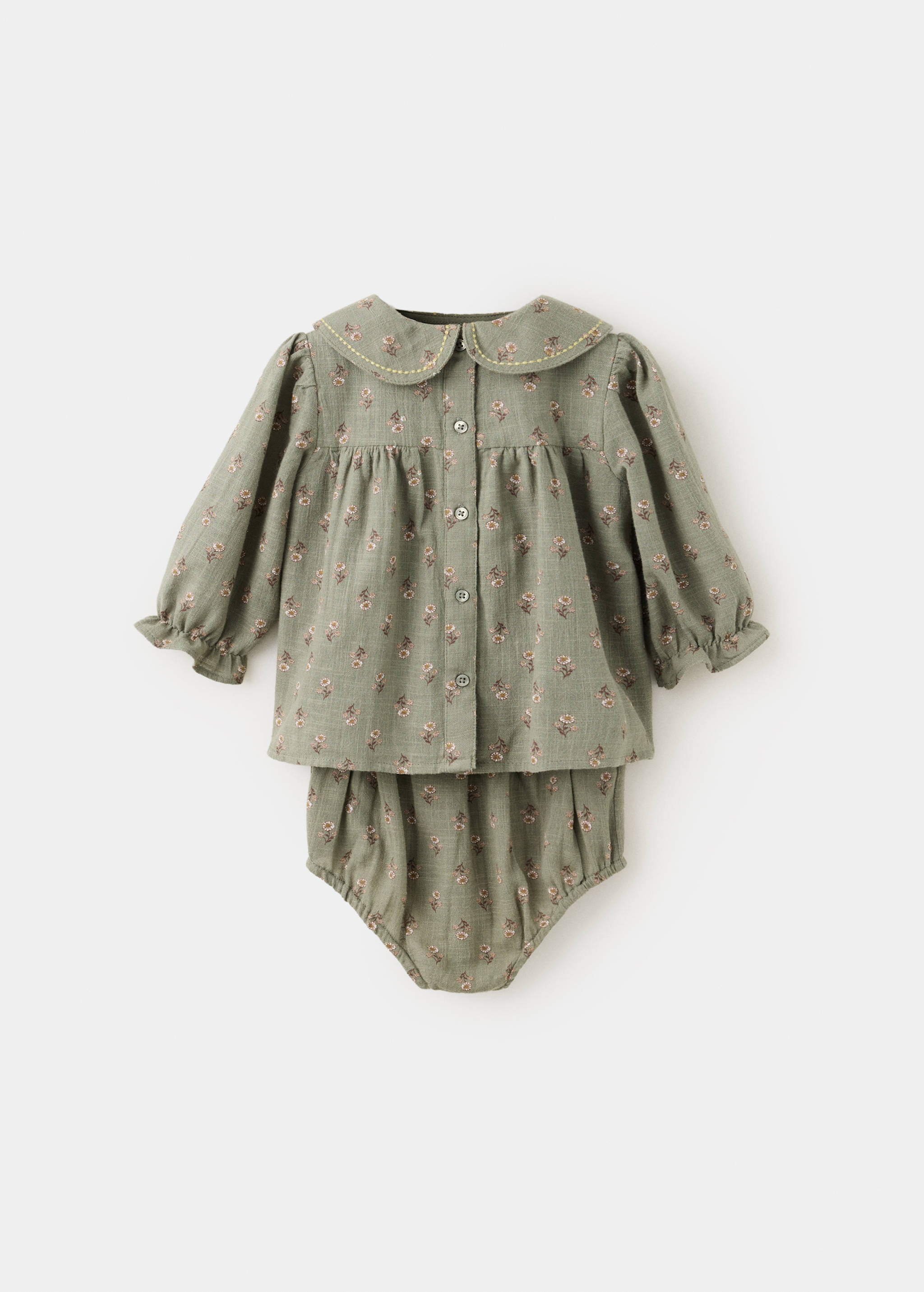 Sage green floral print baby dress and bloomers set, reverse view.