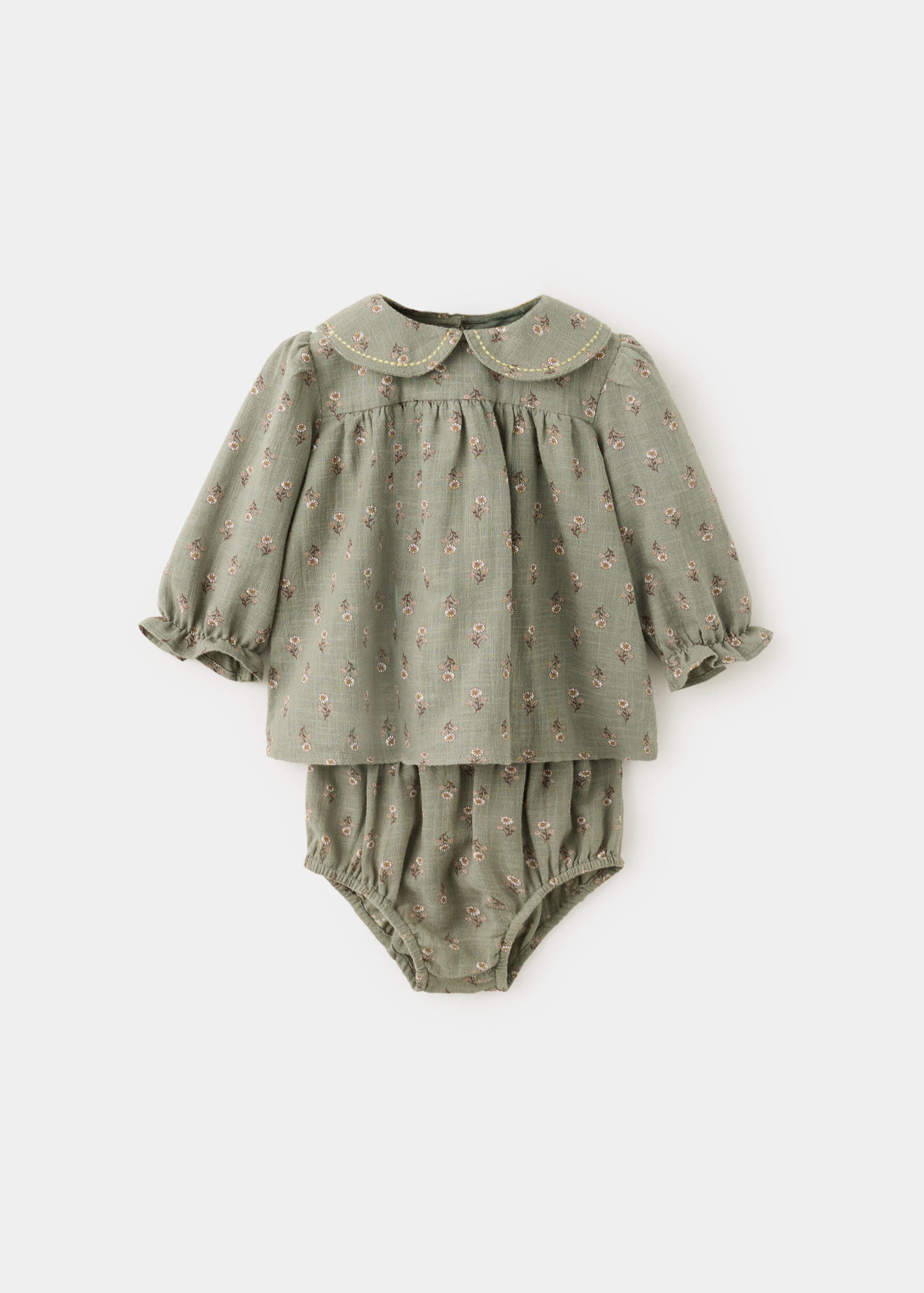 Sage green floral baby dress and bloomers set with Peter Pan collar.