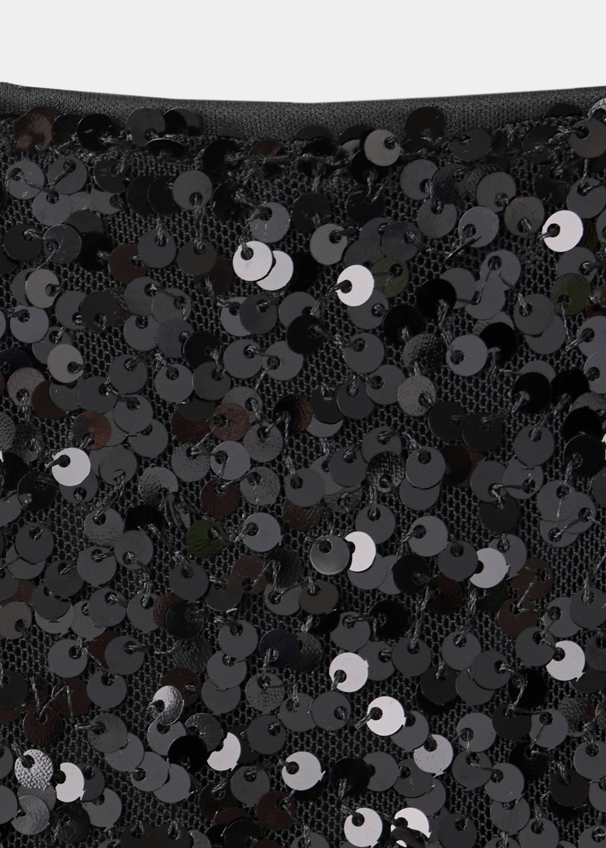 Close-up of black sequinned shorts fabric detail.