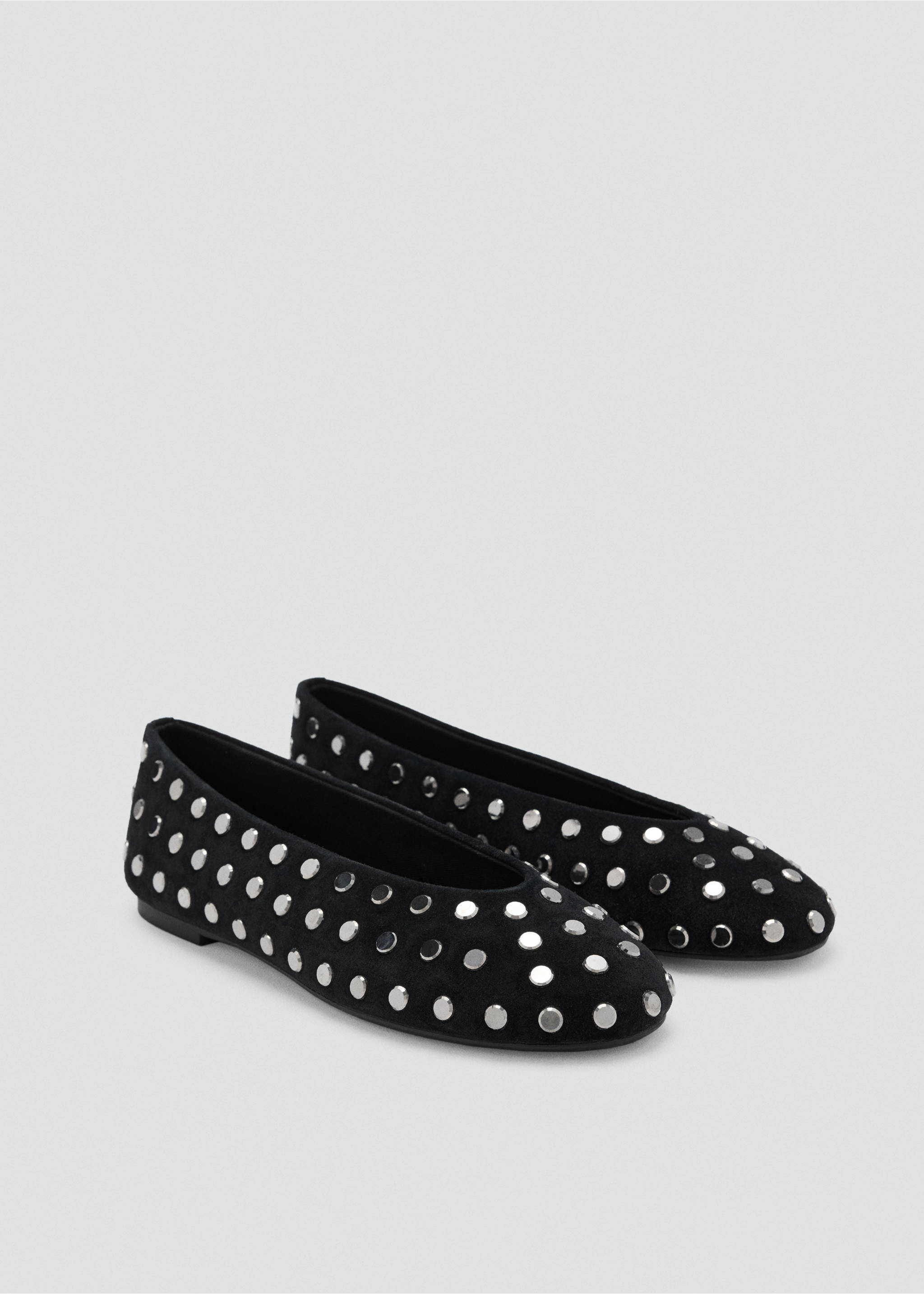 Black flat shoes with a rounded toe and silver-toned metallic studs., Black. Ref: 37077930-00.