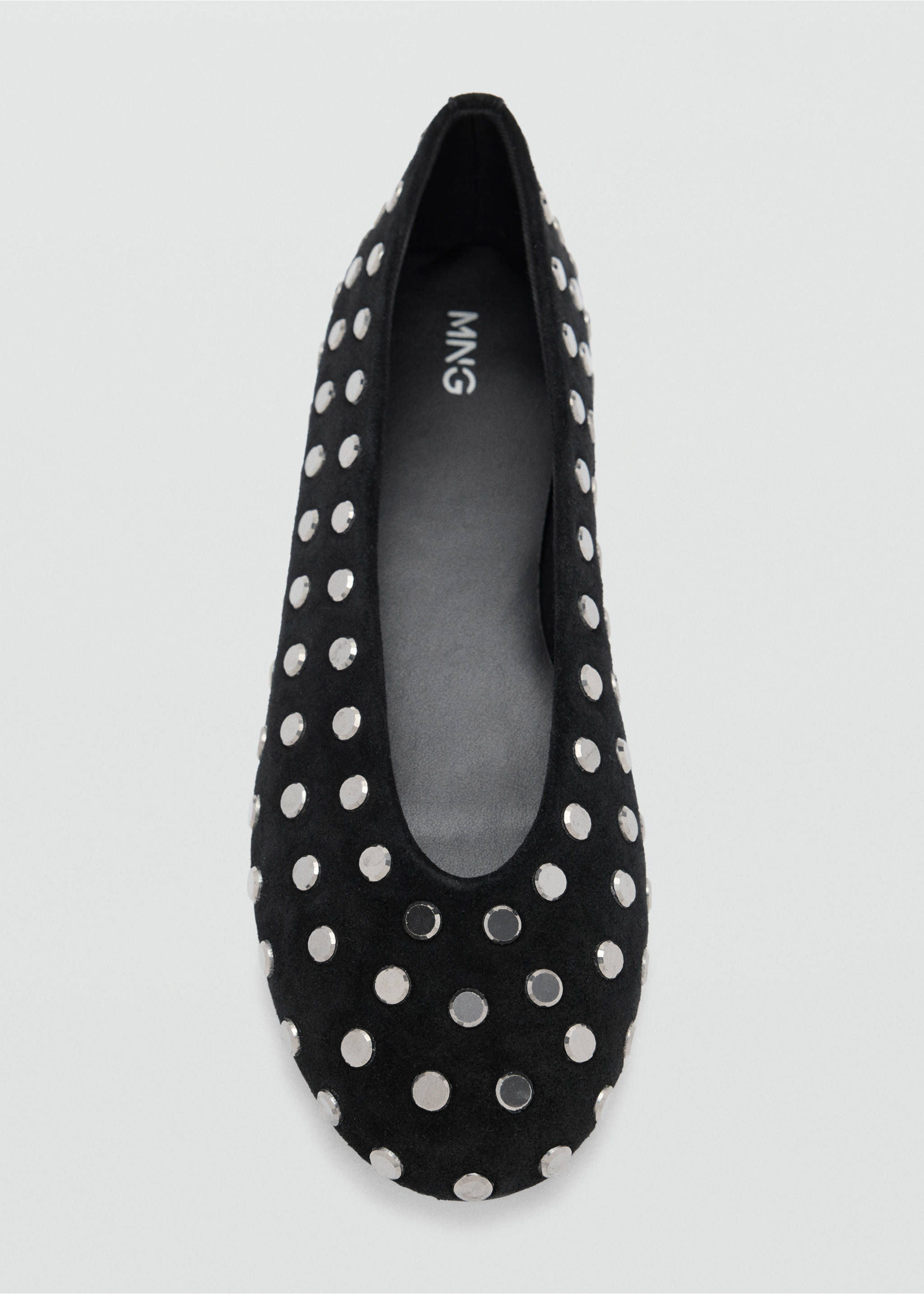 Black flat shoe with a rounded toe and all-over silver metallic studs., Black. Ref: 37077930-00.