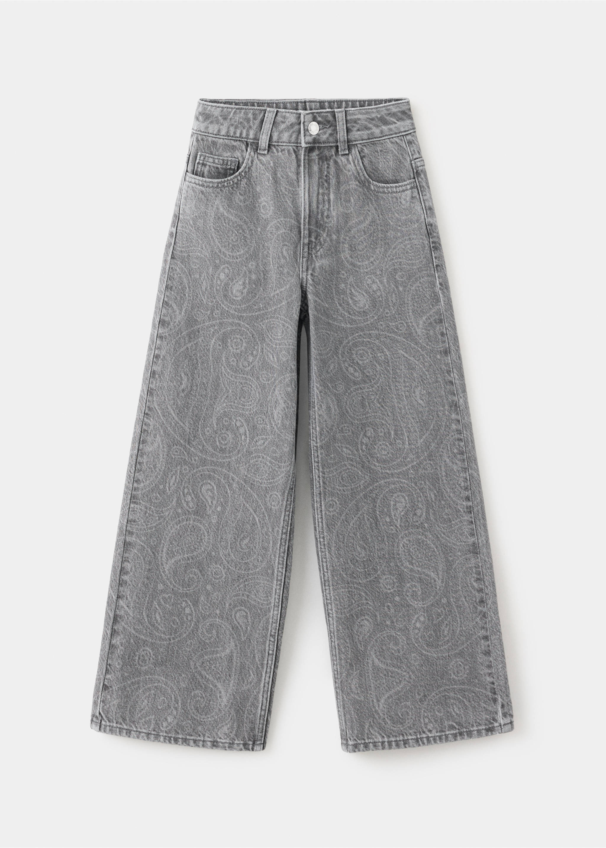 Grey paisley print denim trousers with a straight-leg fit., Denim Grey. Ref: 37077932-00.