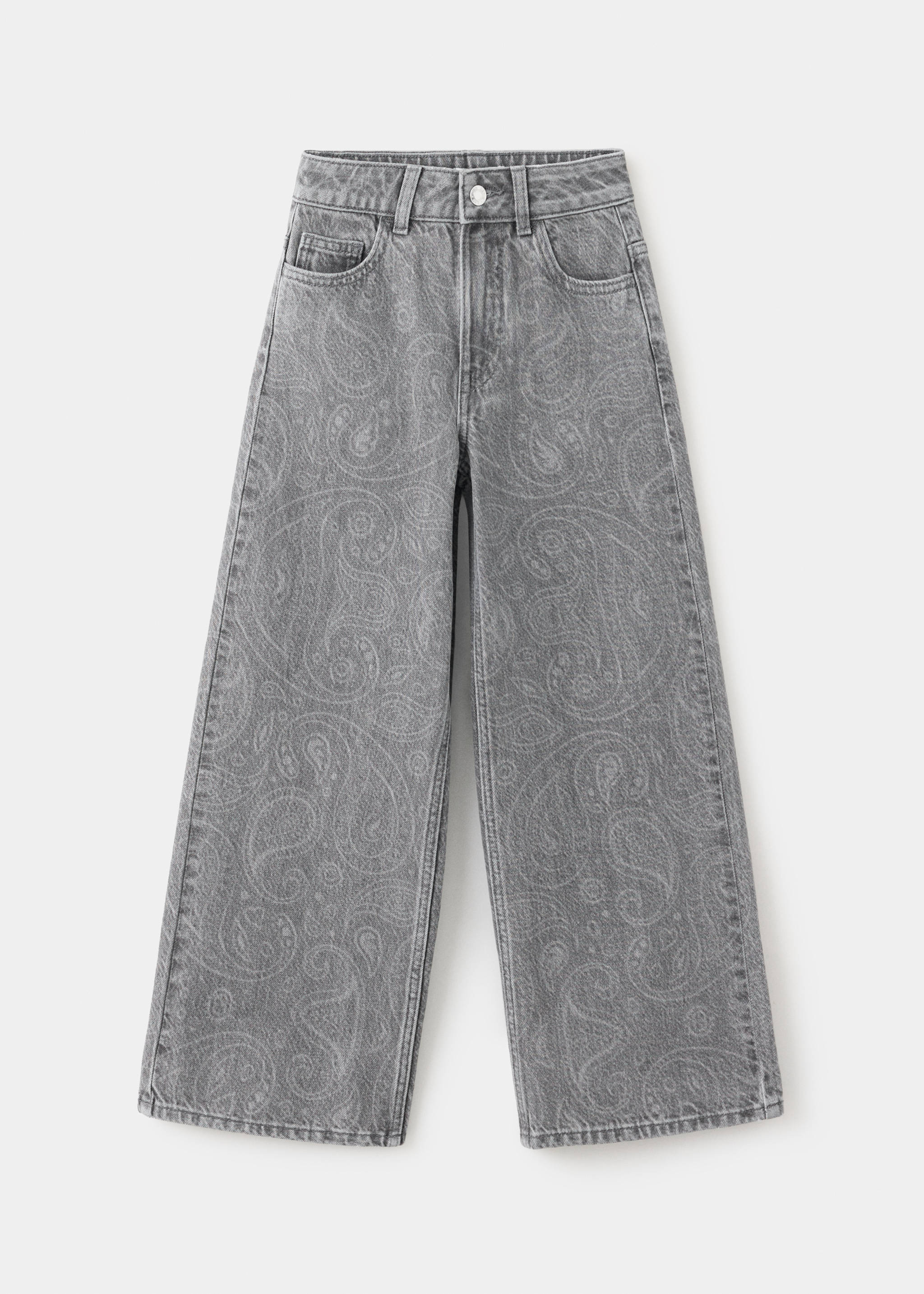 Grey paisley print denim trousers with a straight-leg fit.