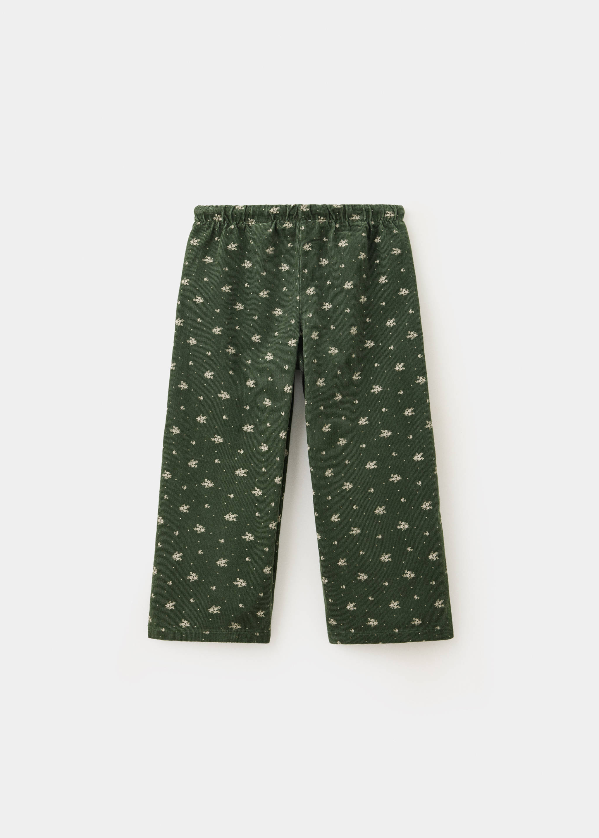 Pantalones de niño/a en verde oscuro con estampado floral y cintura elástica, vista trasera.
