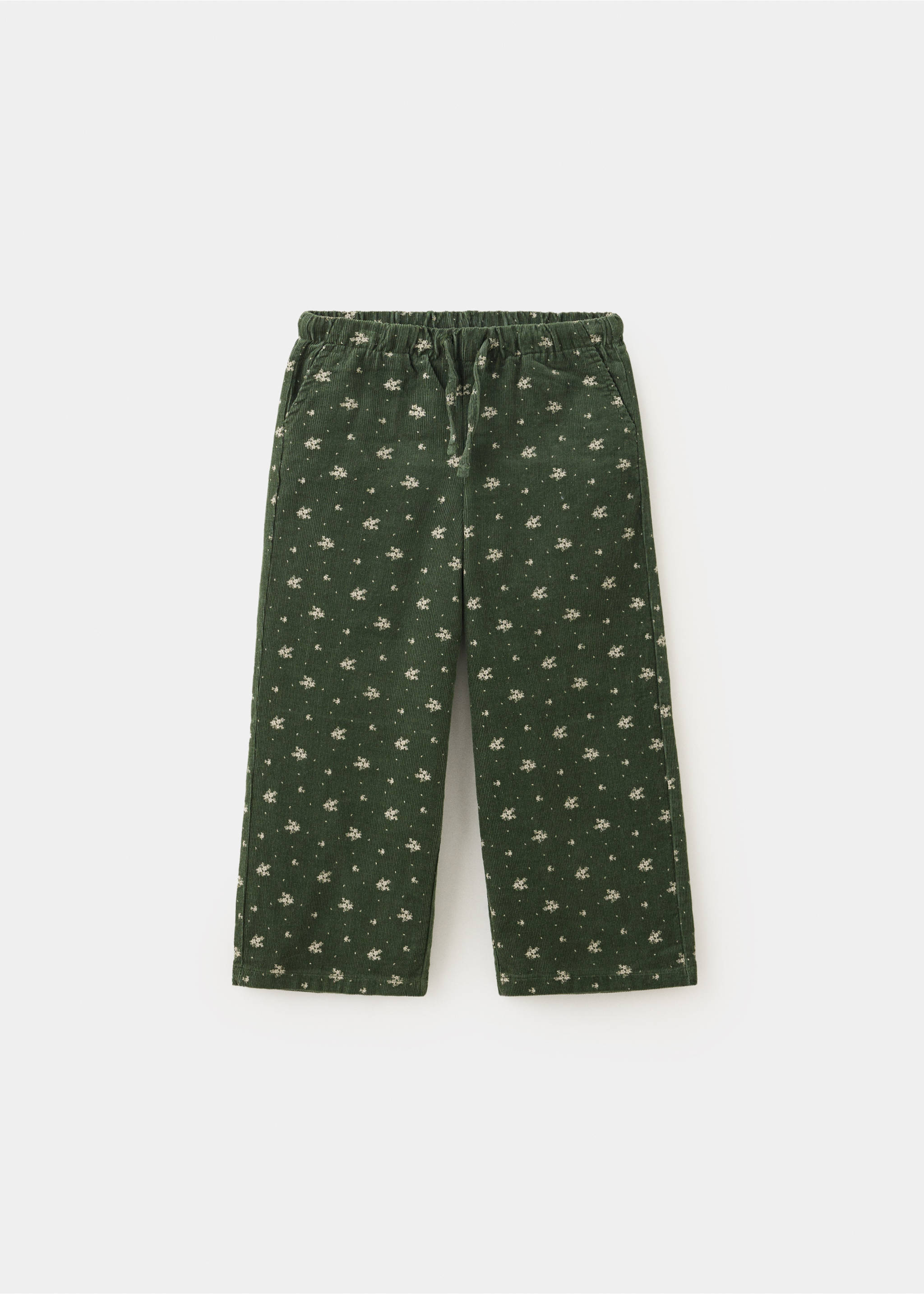 Dark green floral corduroy trousers with an elasticated drawstring waist., Khaki. Ref: 37077934-00.