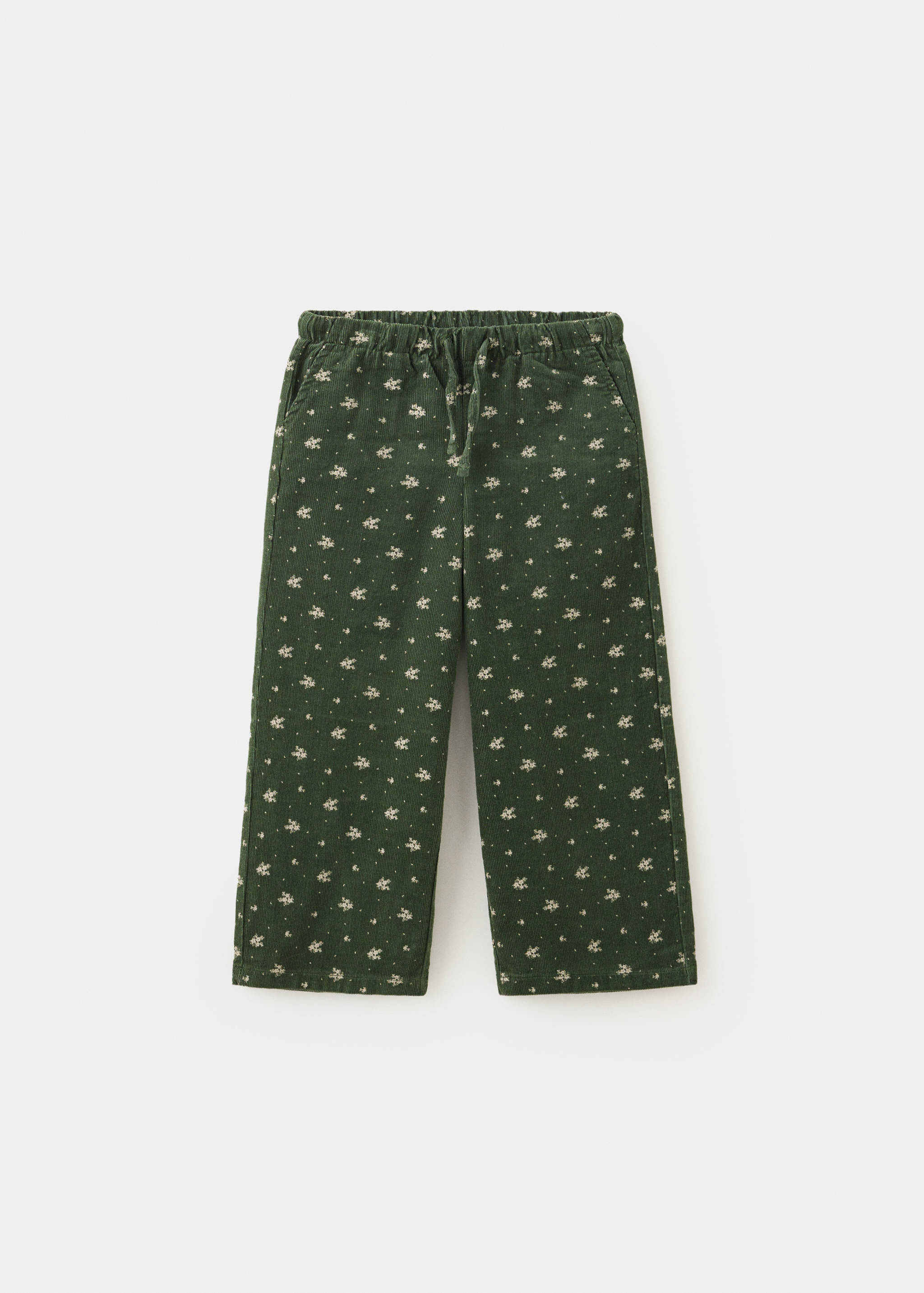 Pantalones de pana de flores en verde oscuro con cintura elástica con cordón.