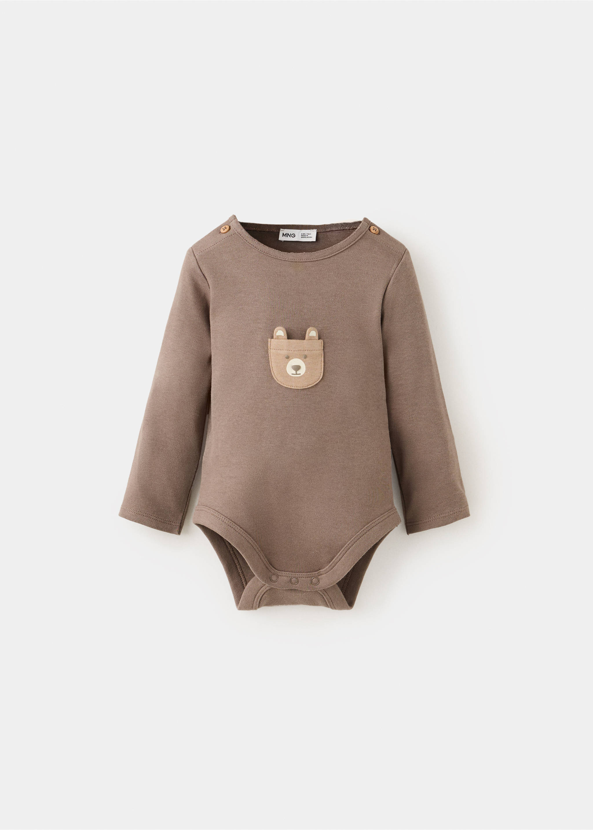 Brown long-sleeved baby body with shoulder buttons and a bear face patch., Chocolate. Ref: 37077936-00.